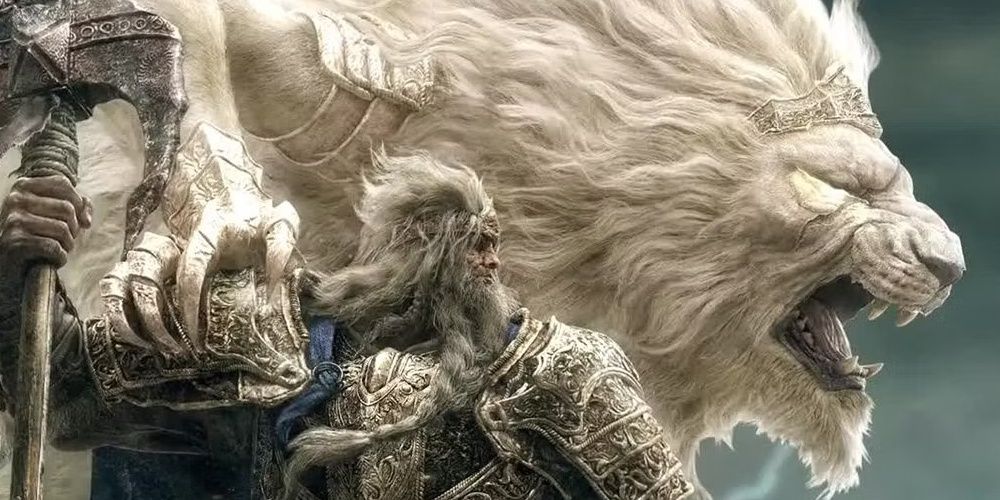 Godfrey and his spectral lion companion Serosh look towards battle in Elden Ring the video game