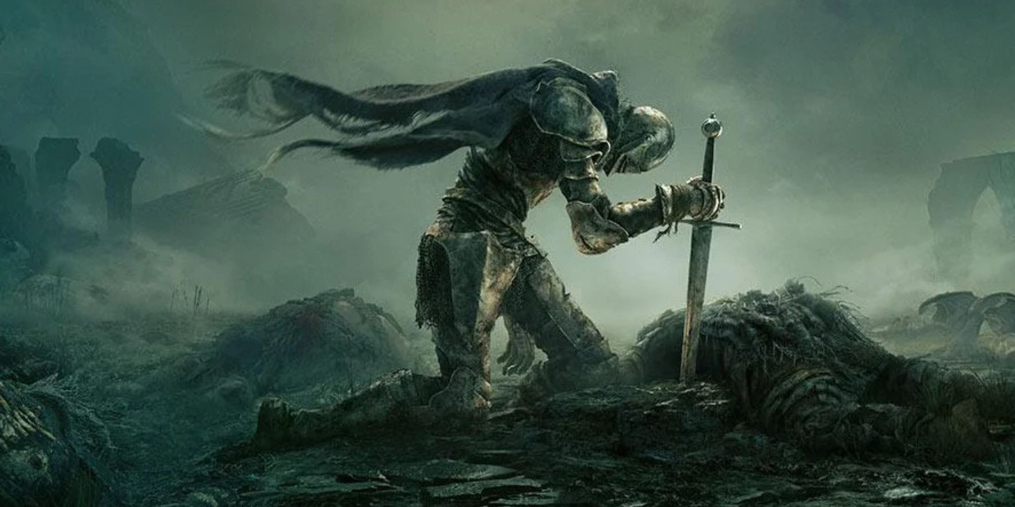 Elden Ring knight from the game's front cover on their knees