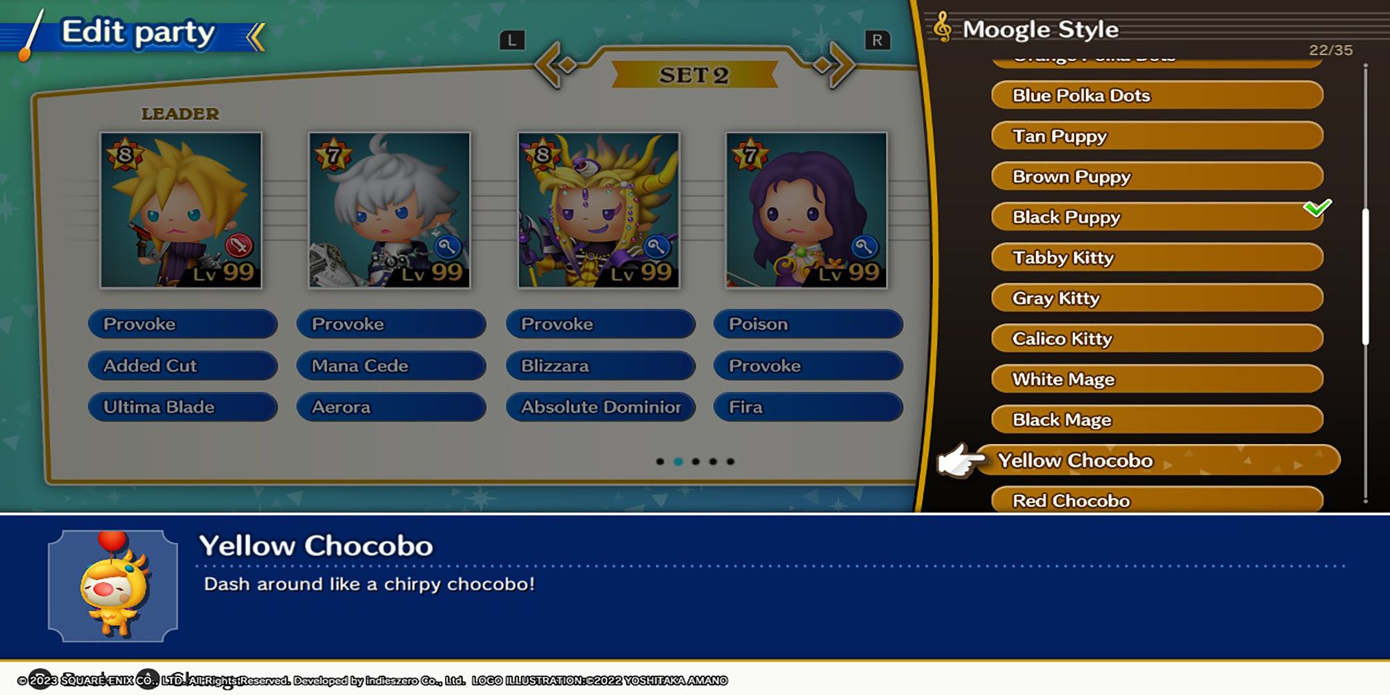 The moogle style list as displayed in Theatrhythm: Final Bar Line's Edit Party menu.