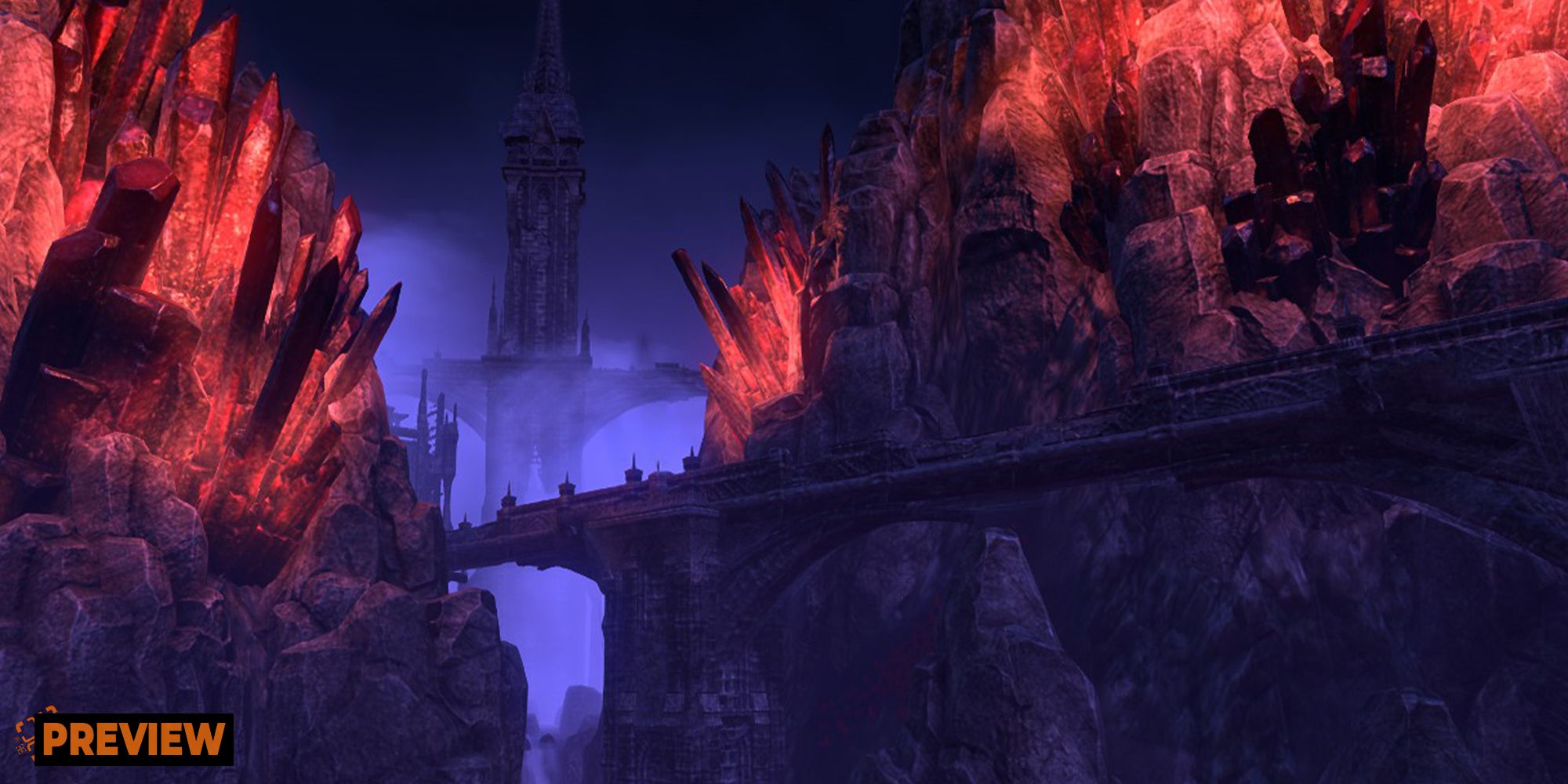 Elder Scrolls Online Mephala's Daedric Realm, giant bridges through misty mountains with red crystals sprouting out