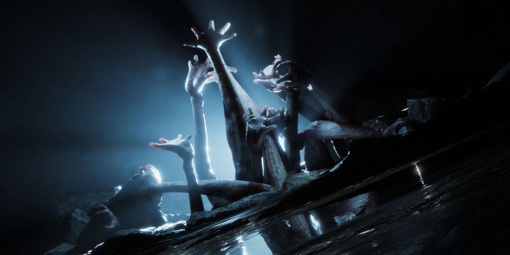 official Sons of the Forest art showing mutants' hands bursting through the ground with light coming through