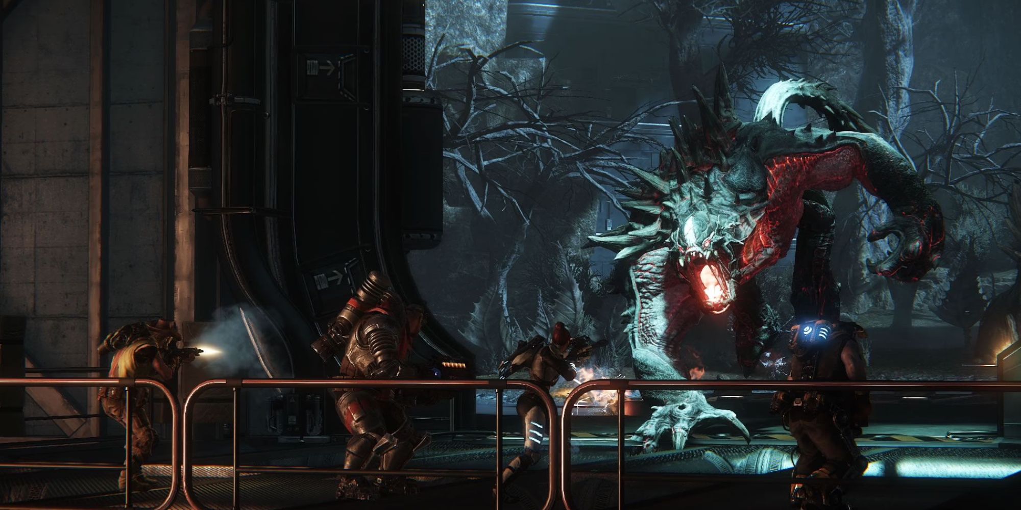 Four players fighting against a giant alien beast in Evolve