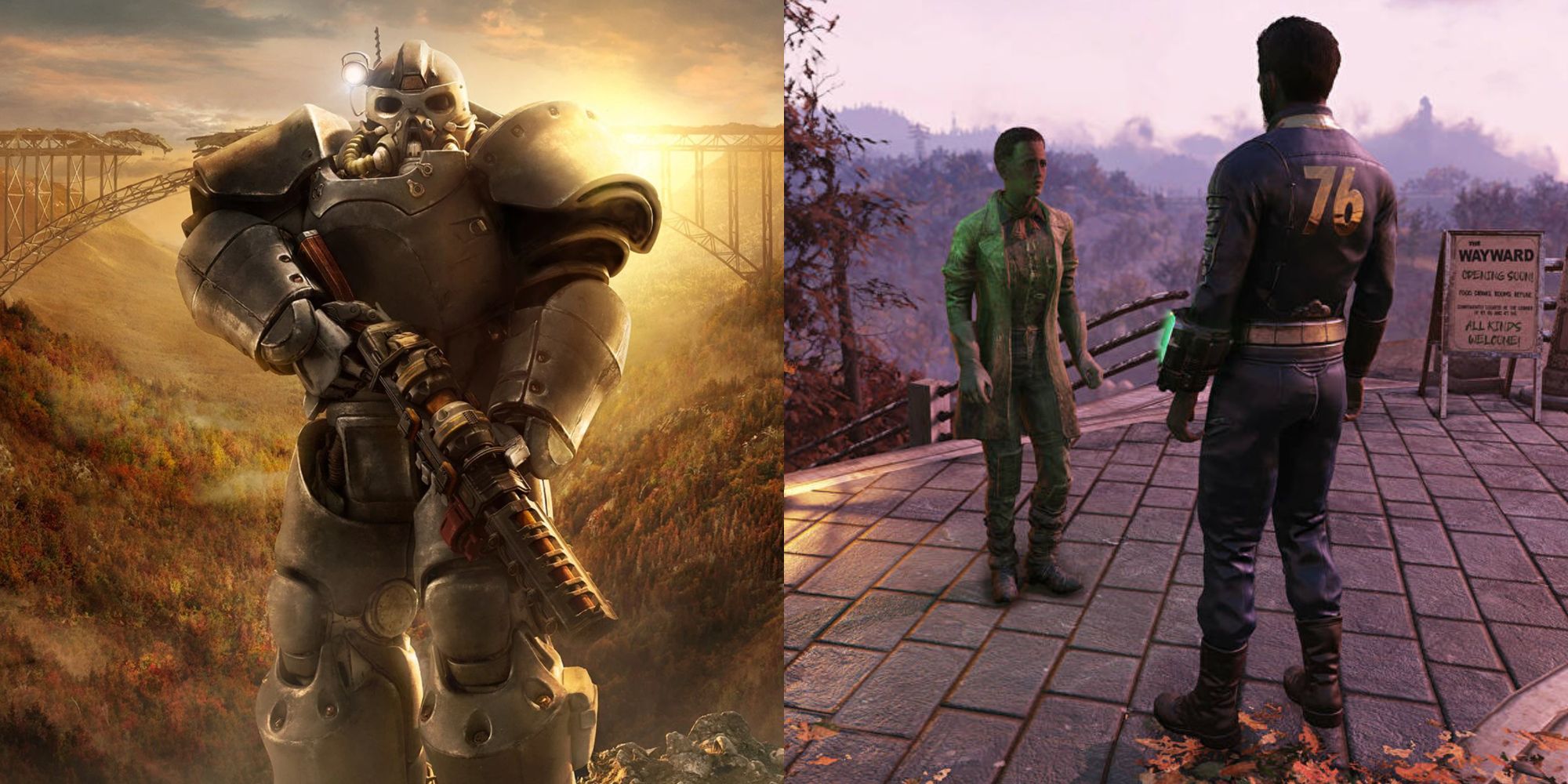 A split image of a soldier standing in Powered Armor from Fallout 76, and another photo of the player talking to an NPC in the open world