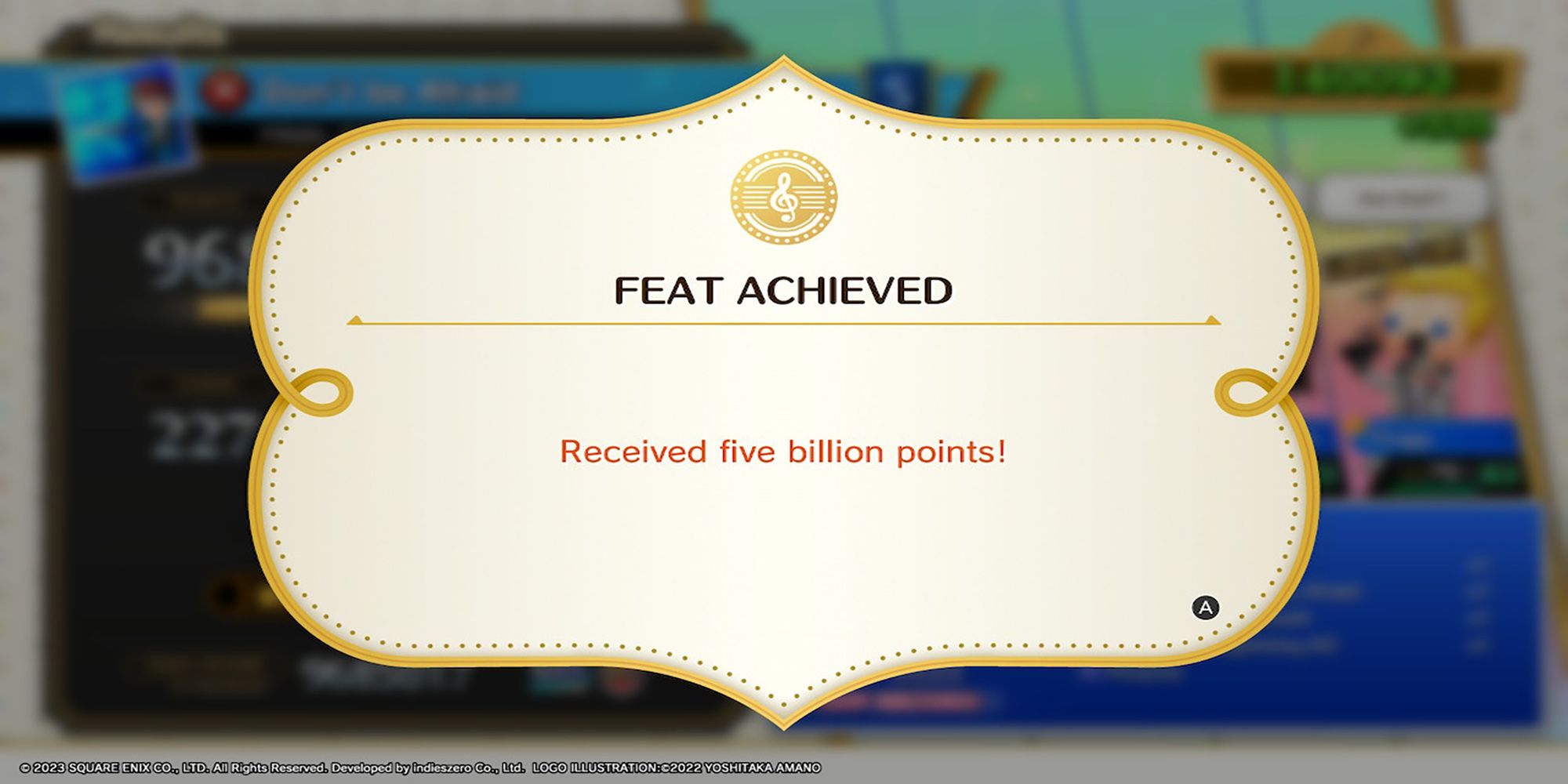 The player achieves the feat "Received five billion points" in Theatrhythm: Final Bar Line