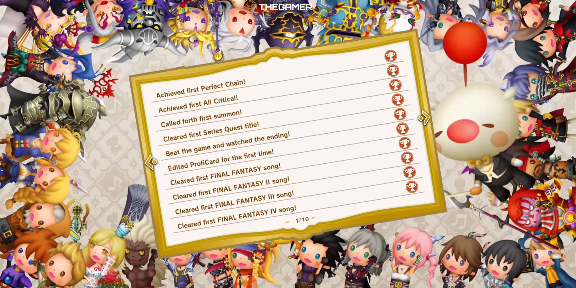 Theatrhythm: Final Bar Line's cast of characters cheer around a page from the game's Feat List.