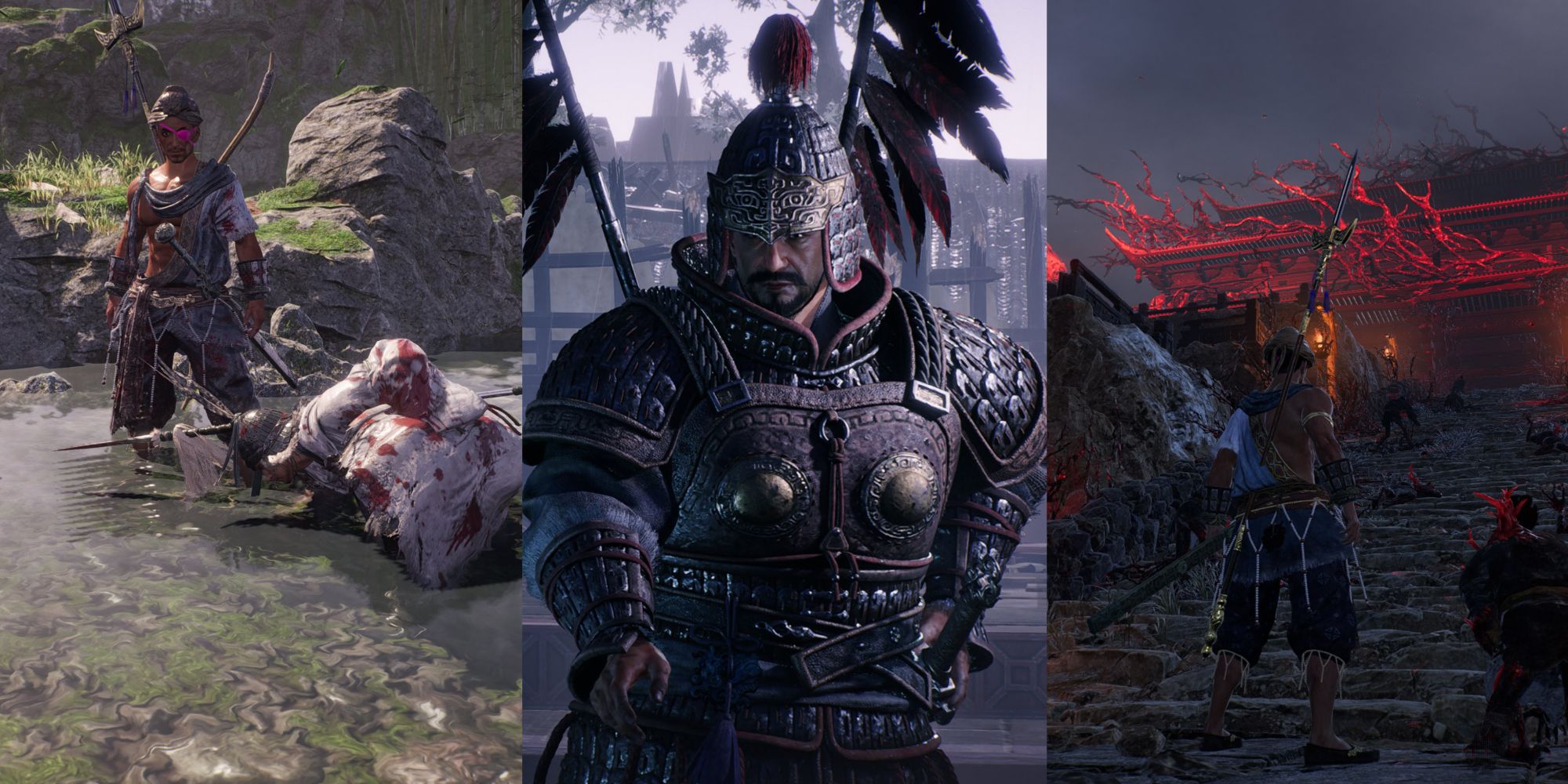 Features three images. From left to right: Protagonist stood over a defeated Zhao Yun, Zhang Liao prepares to fight you, protagonist at the foot of some stairs looking at demon encrusted architecture