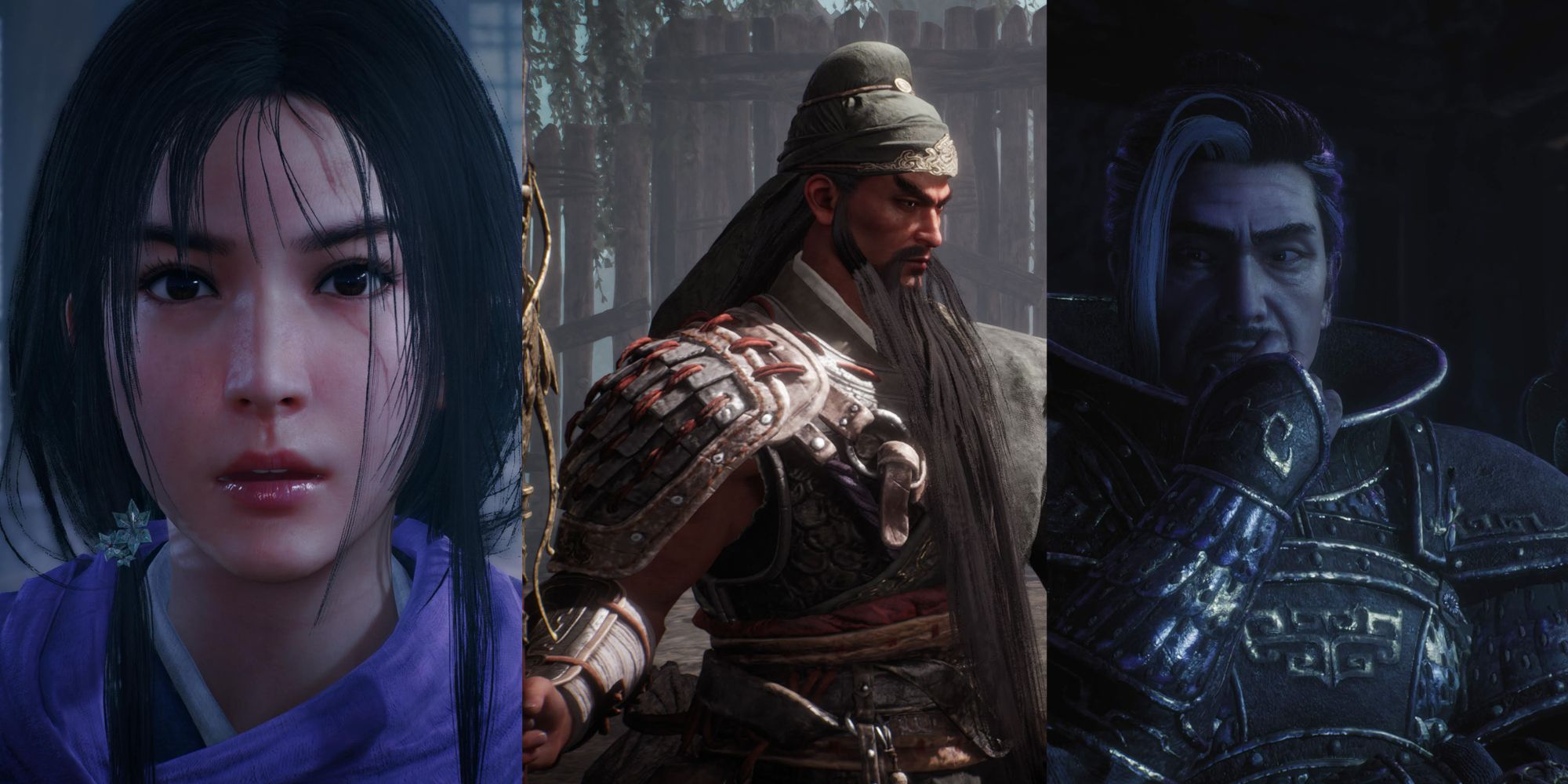Three images. From left to right: Lady Zhen, Guan Yu, Yuan Shao from Wo Long: Fallen Dynasty