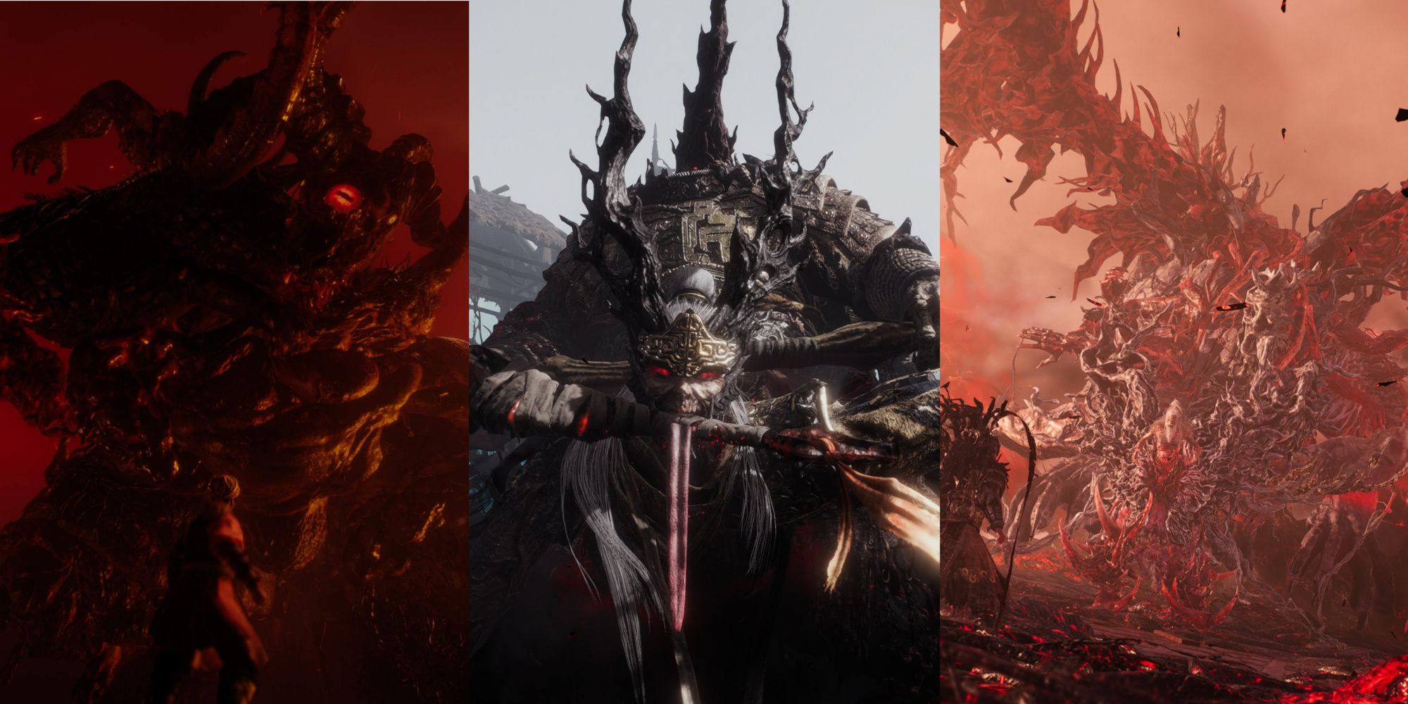 Three images. From left to right: Taotie under a red sky, Yan Liang and Wen Chou, Embodiment of Demonic Qi