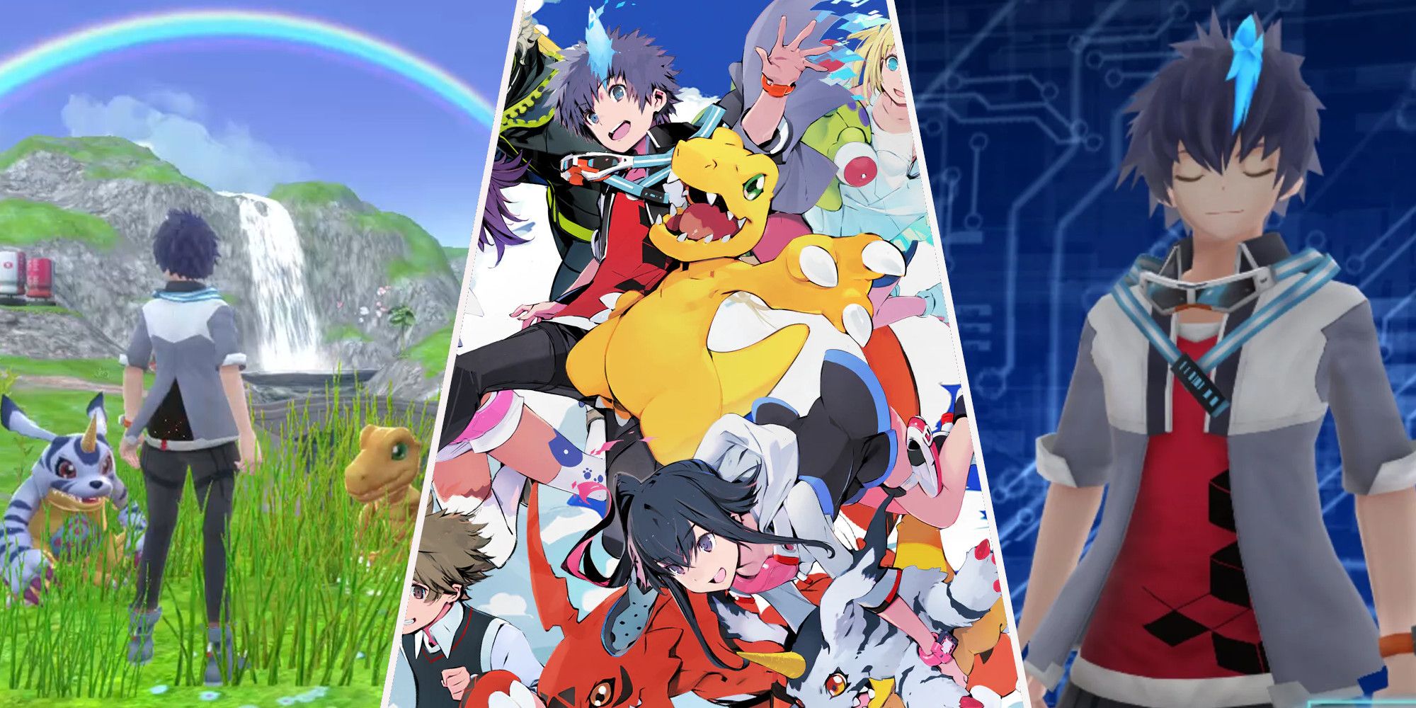 Main Male Protagonist Digimon World Next Order, Next Order's Promo Art, and Main Male Protagonist Standing In Upgrade Screen With Eyes Closed