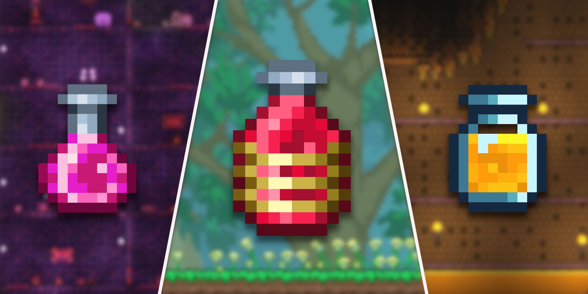 Restoration, Super Healing Potion, And Bottled Honey From Left To Right