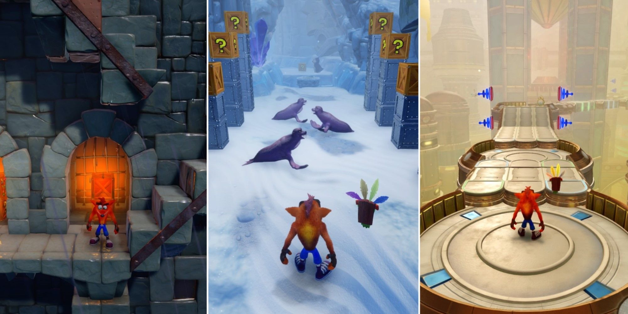 Three screenshots from Crash Bandicoot: N-Sane Trilogy.