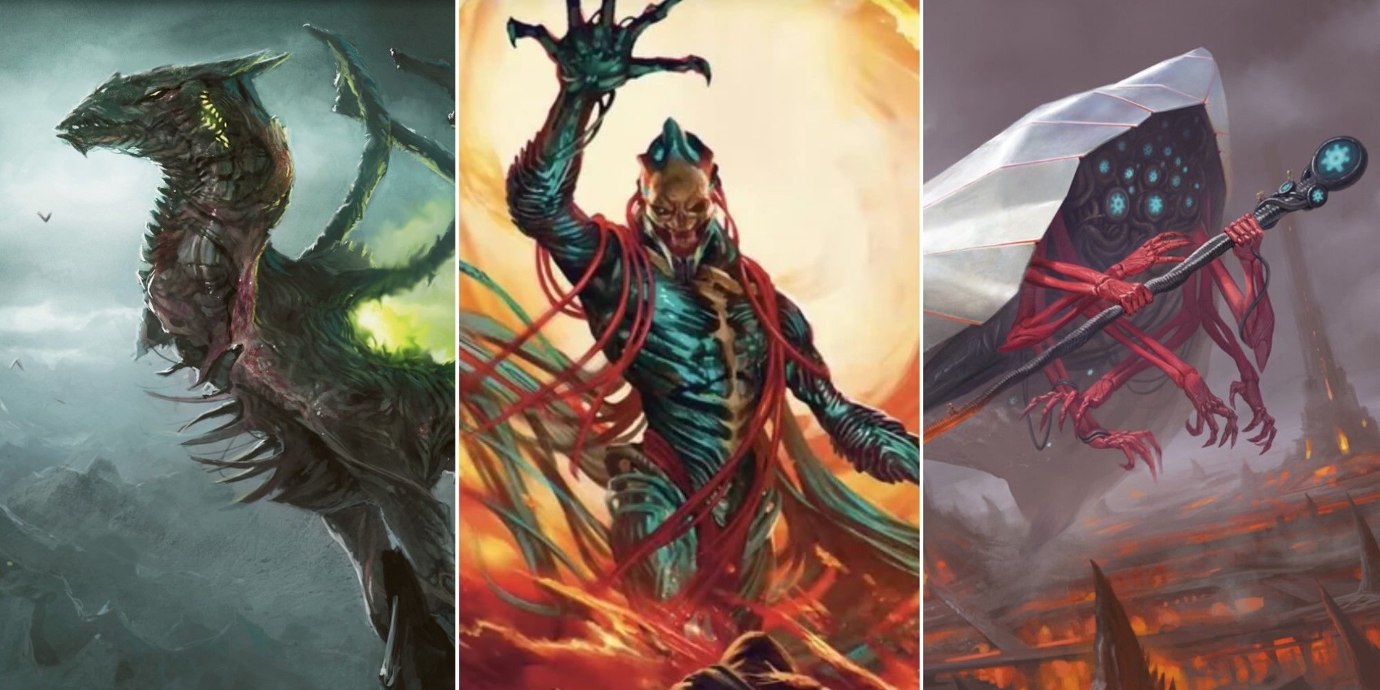 Artwork from three different legendary Phyrexian creatures in Magic: The Gathering.