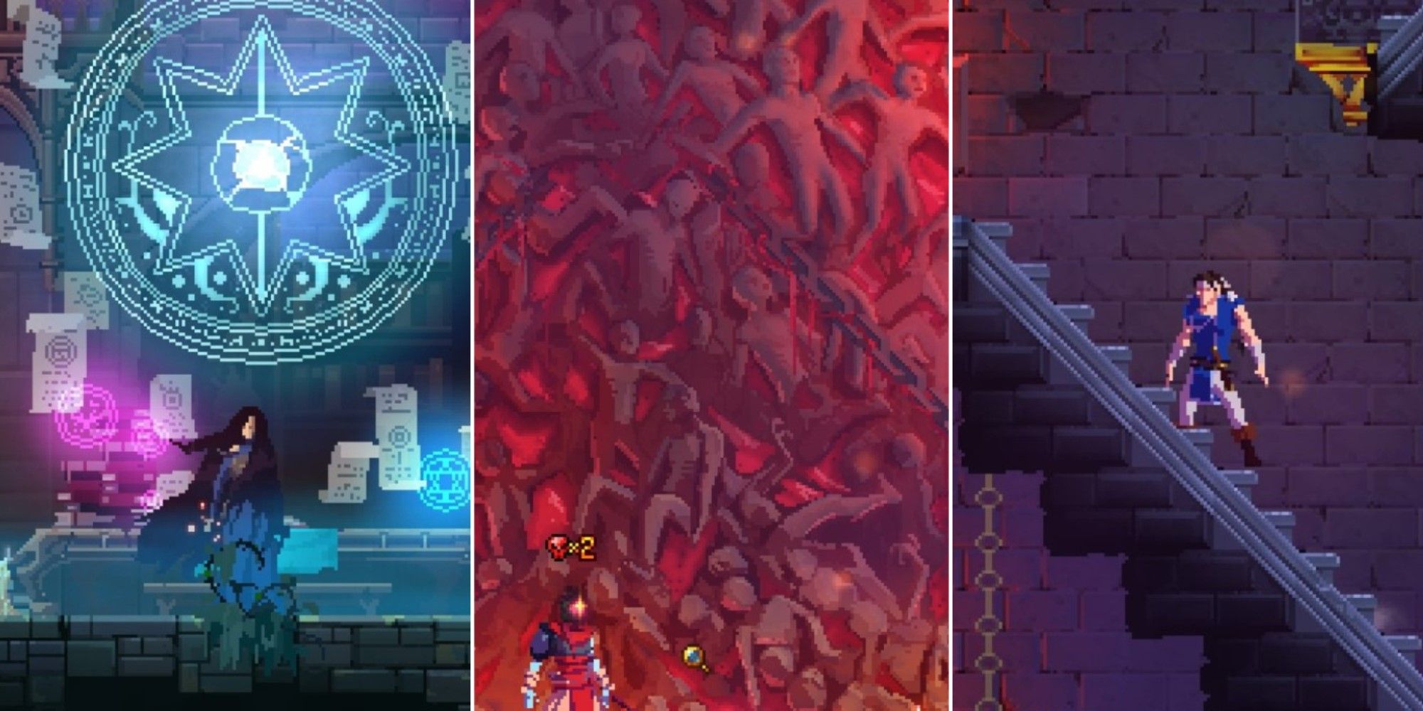 Three screenshots from Dead Cells: Return to Castlevania DLC.