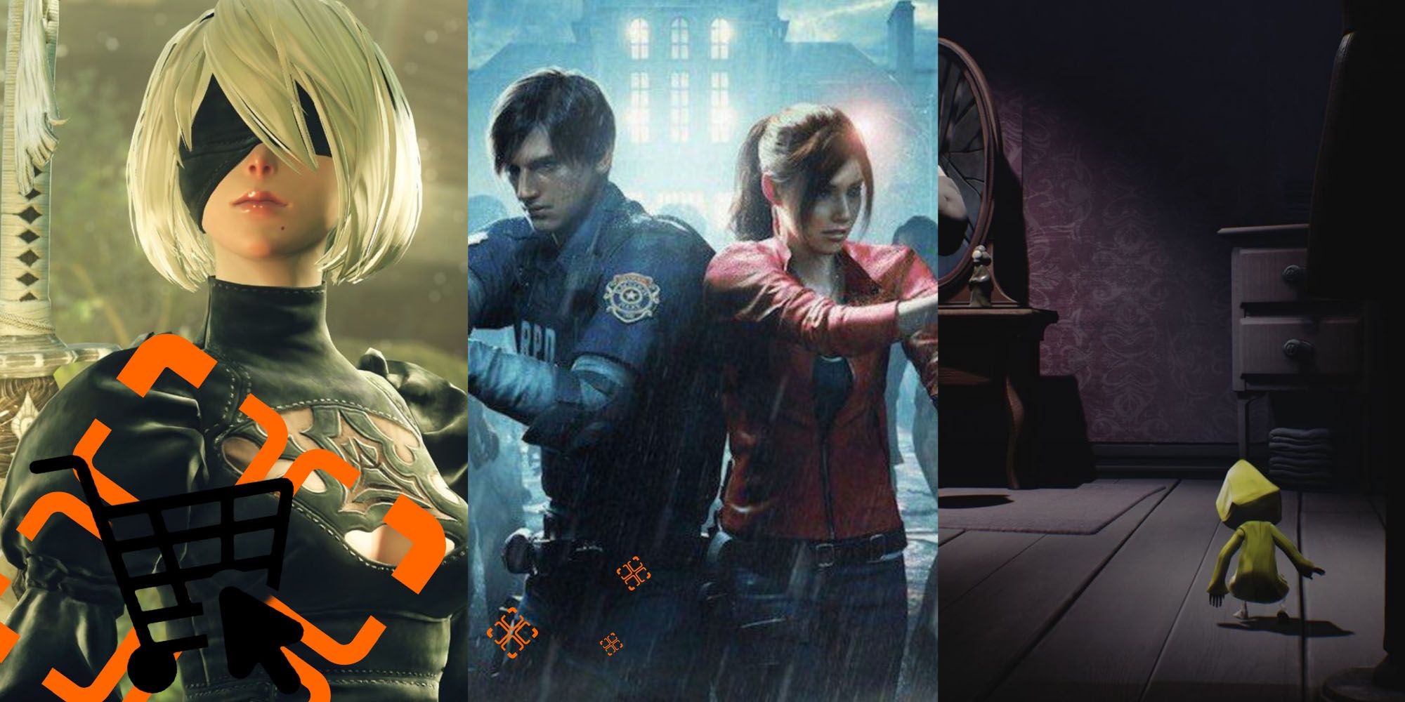 Split image screenshots of 2B in Nier Automata, Leon and Claire in Resident Evil 2 Remake, and Six in Little Nightmares