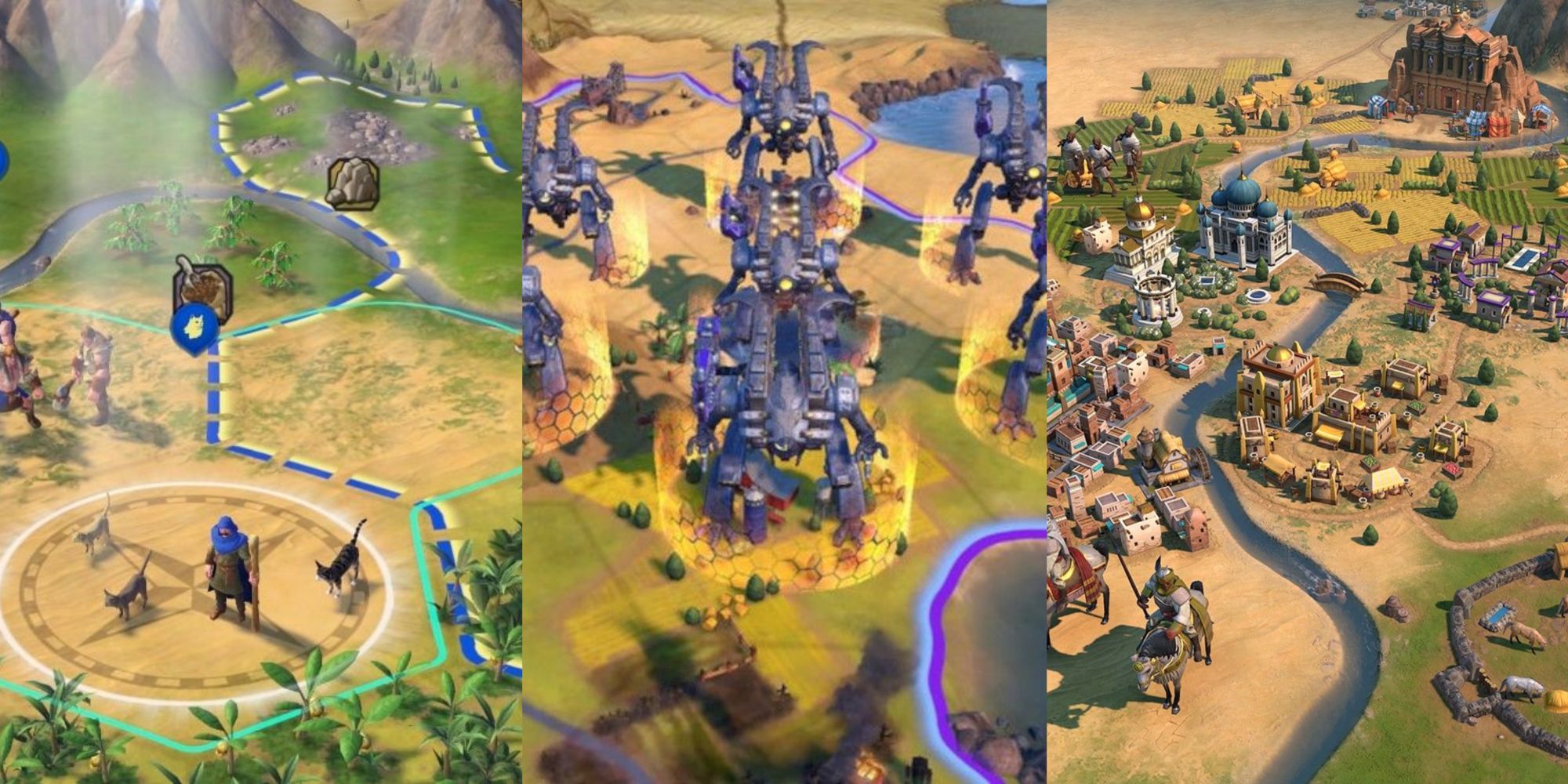 Split image screenshots of scounts surrounding the area, a standing army, and a river in Civilization 6 