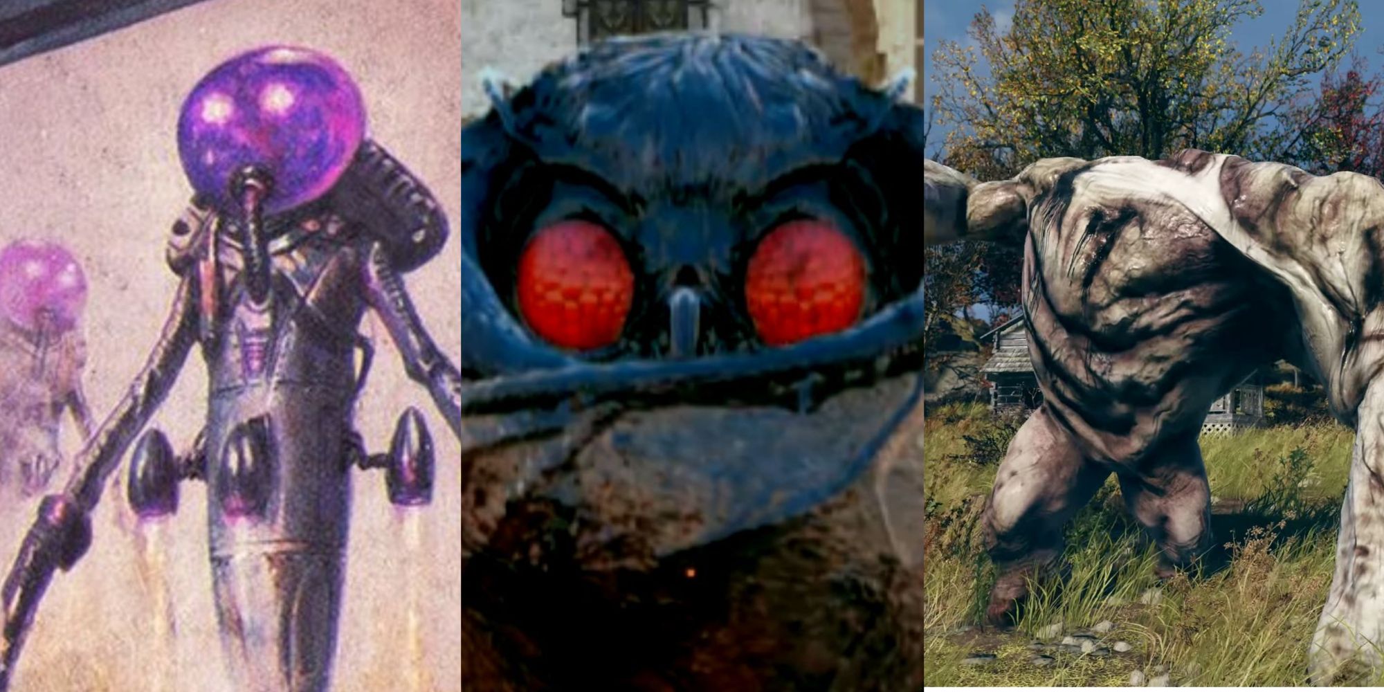 Split image screenshots of the Flatwoods Monster, Mothman, and Grafton Monster in Fallout 76.
