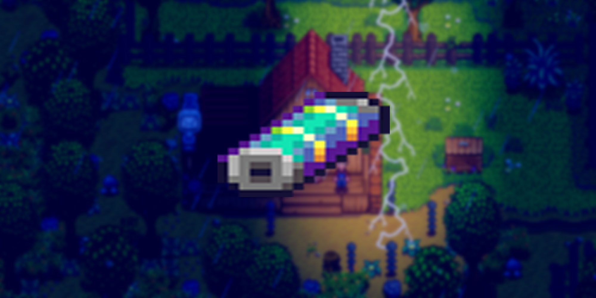 A Battery Pack overlaid over a farm with Lightning Rods being struck by lightning.