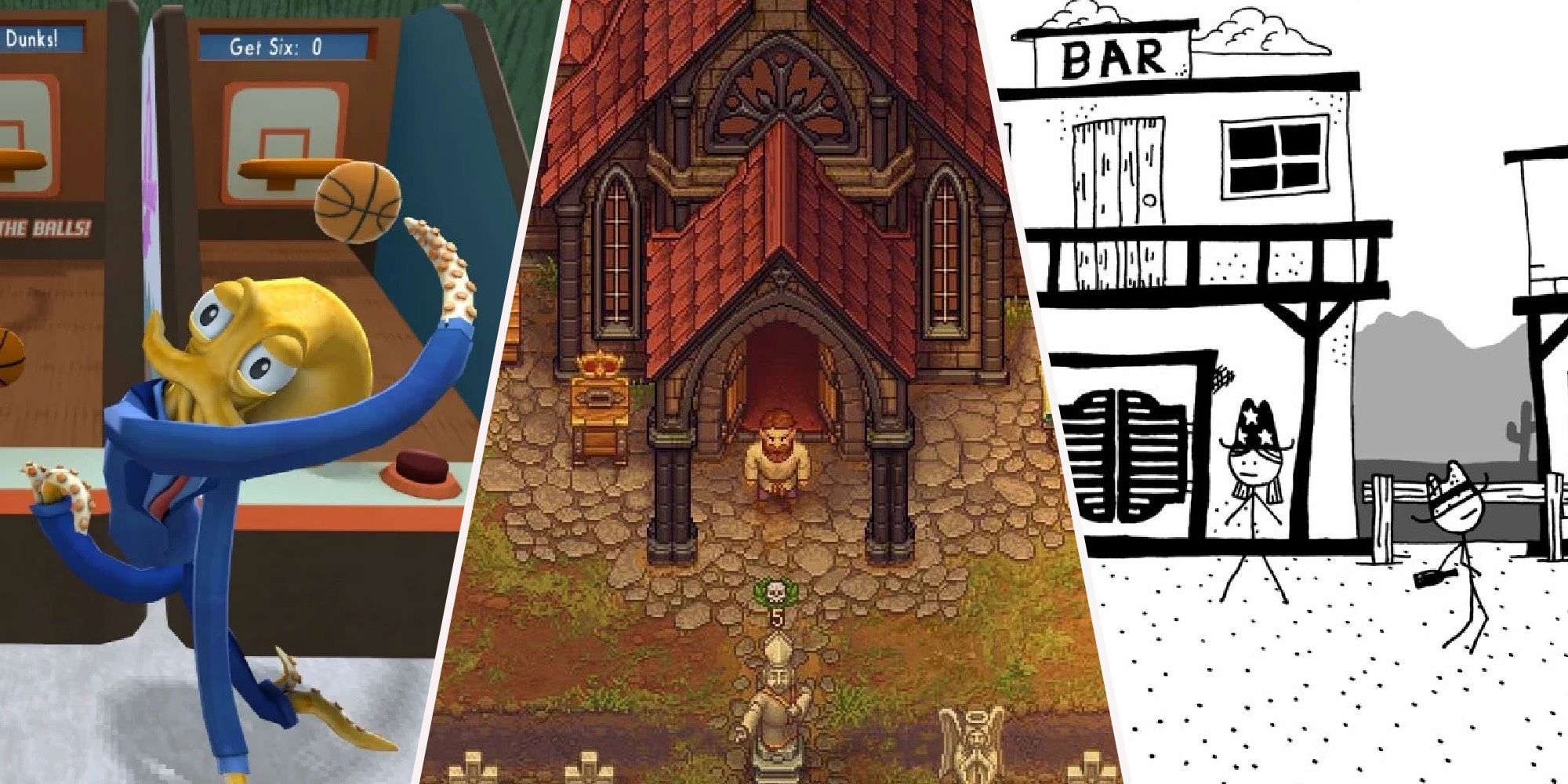 Three part image with Octodad shooting a basketball, graveyard keeper in front of the church, and stick figures from West of Loathing