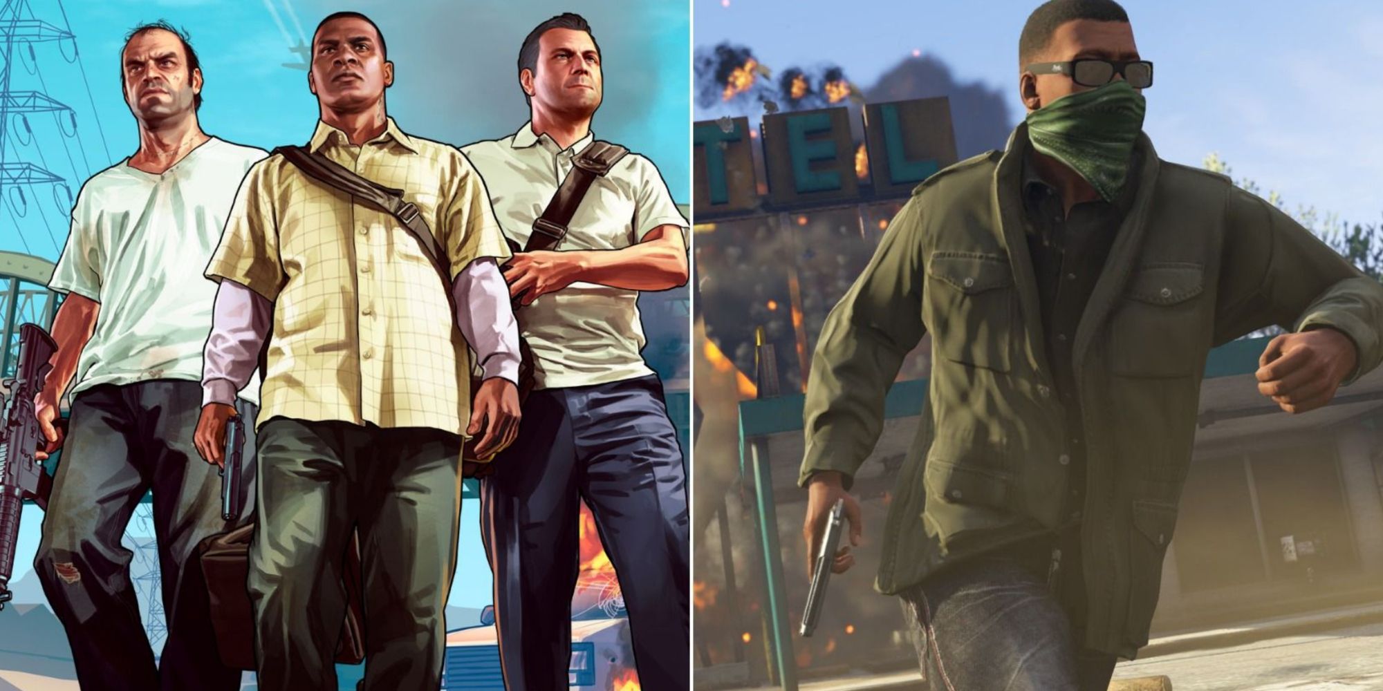 Split image screenshots of GTA 5 characters