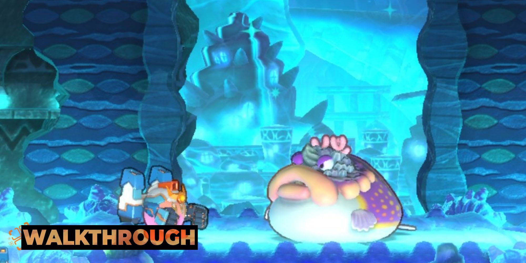 Kirby and the Fatty Puffer boss in Onion Ocean Stage Five of Kirby's Return To Dream Land Deluxe.