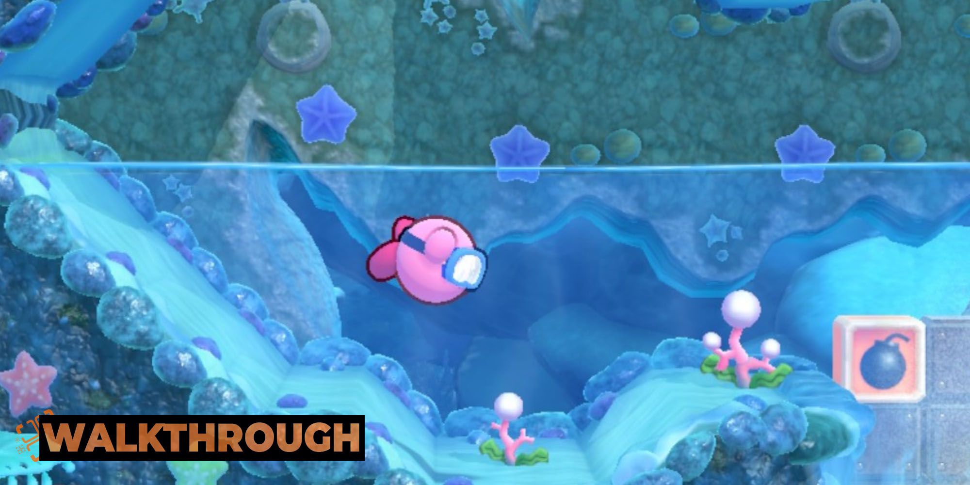 Kirby swimming towards a bomb block in Onion Ocean Stage Three of Kirby's Return To Dream Land Deluxe