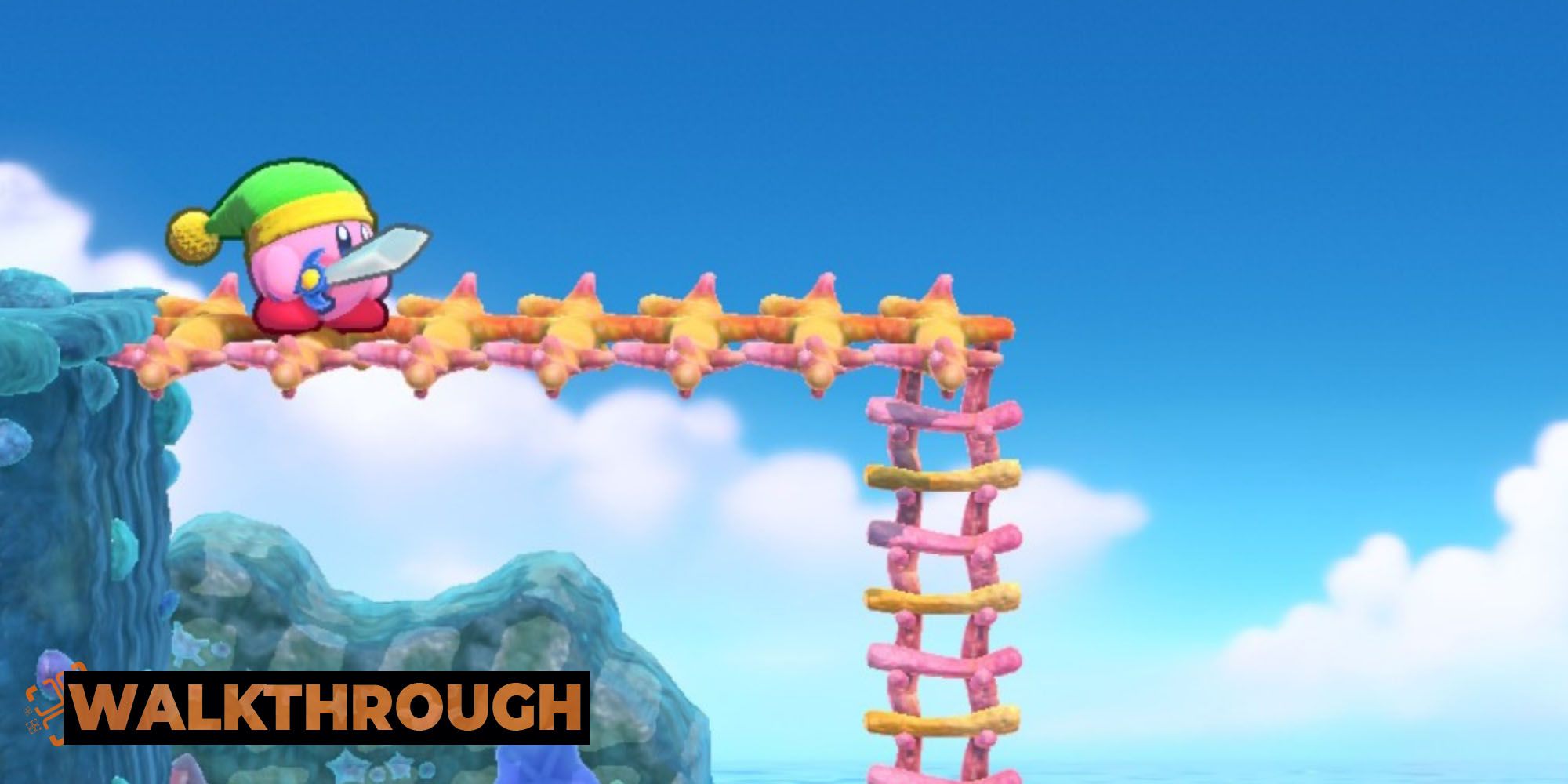 Kirby at the top of a platform leading to a ladder in Onion Ocean Stage Two of Kirby's Return To Dream Land Deluxe.