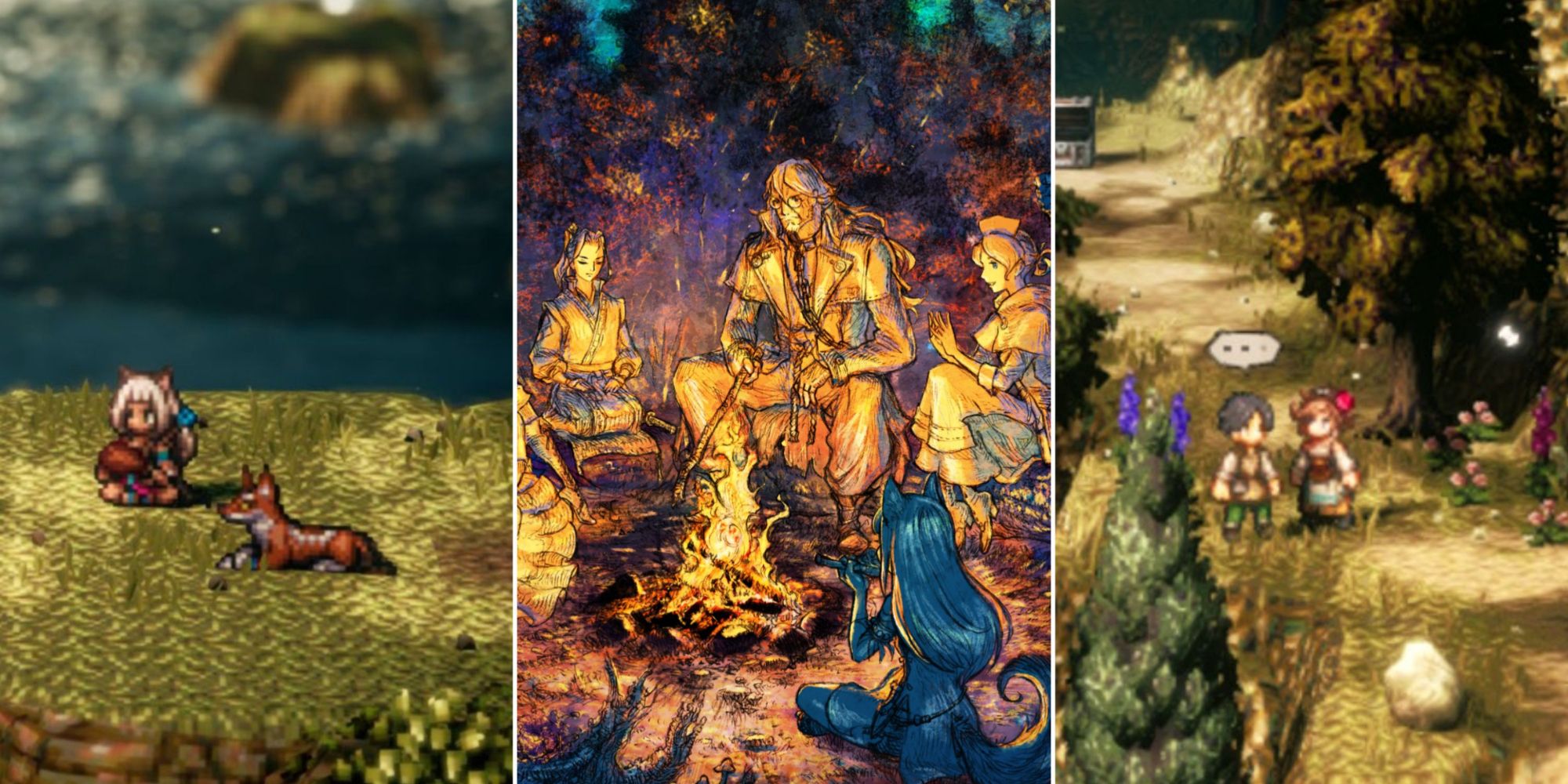 Split image screenshots of Ochette with an animal, official Octopath Traveler 2 art, and speaking with an NPC.