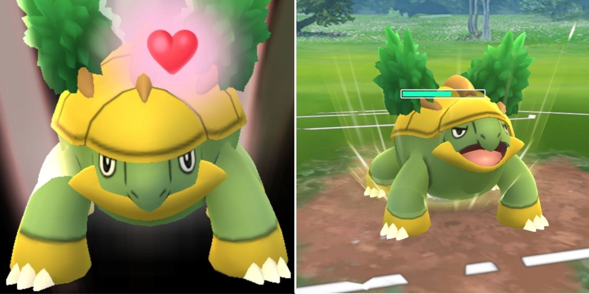 Split image screenshots of Grotle with a heart and Grotle in battle in Pokemon Go