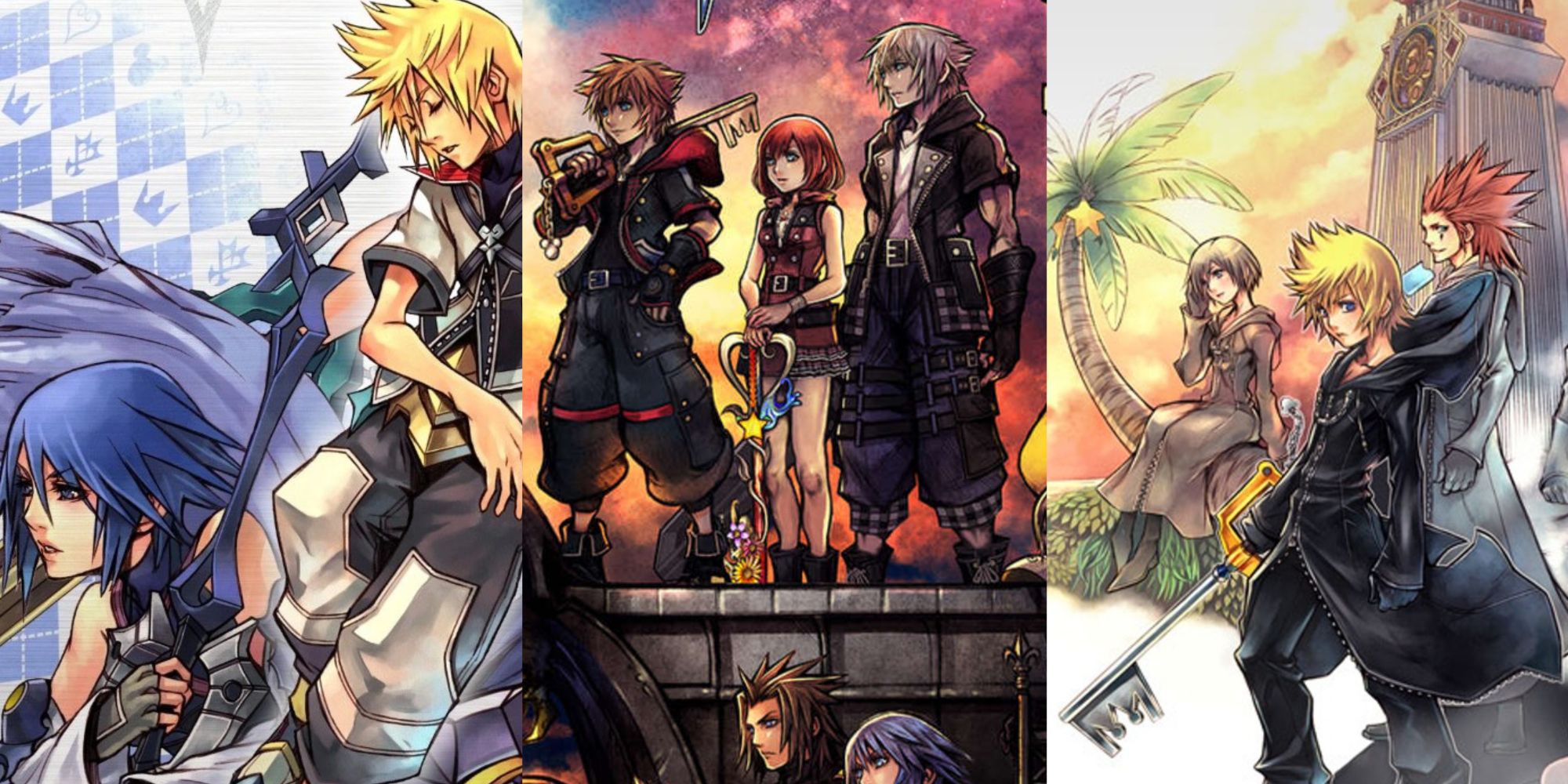 Split image screenshots of Birth By Sleep, Kingdom Hearts 3, and 358/2 Days official artwork.