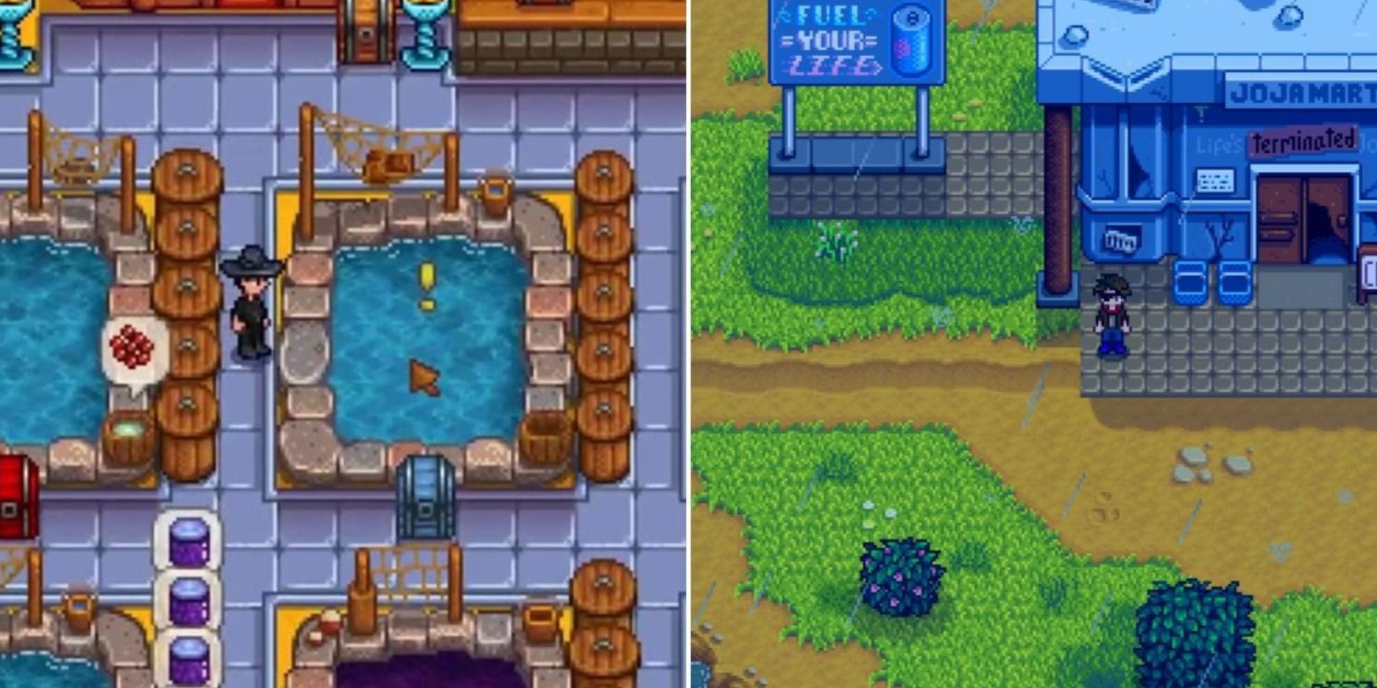 Split image screenshots of a Stardew Valley player character standing next to a fish pond and outside of JojaMart.