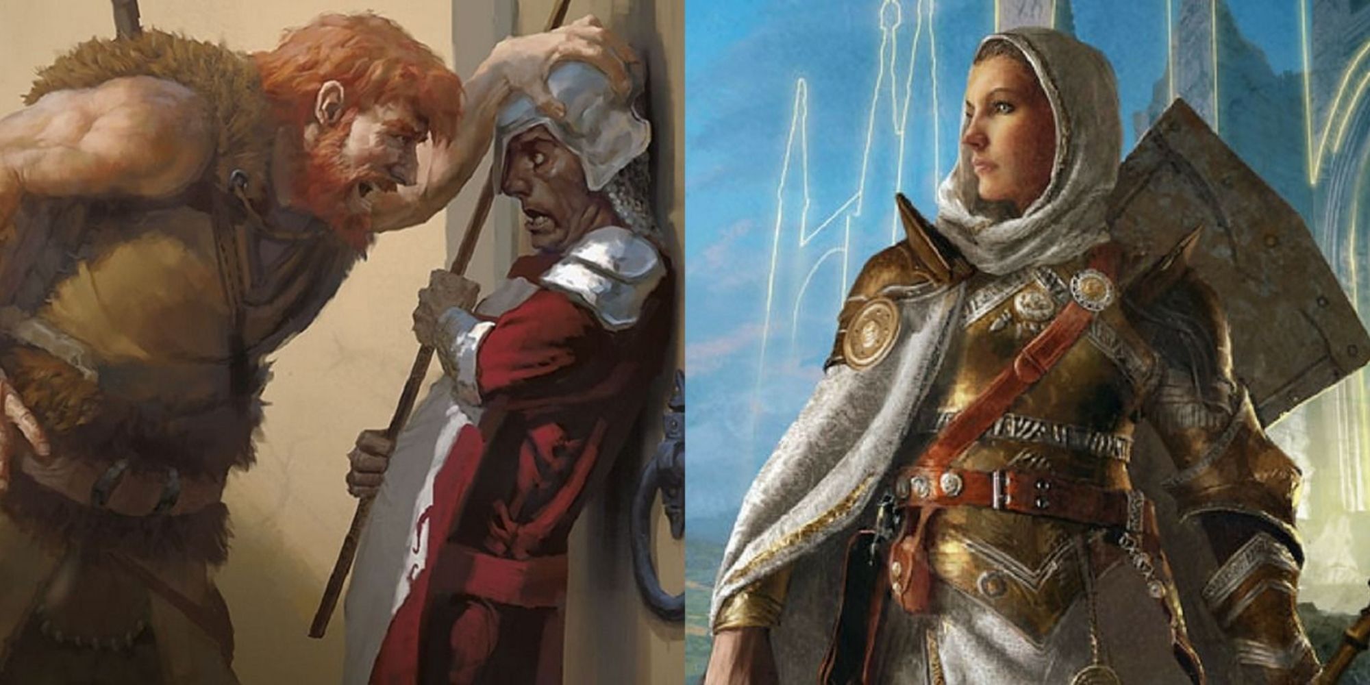 Split images of D&D art showing a Barbarian threatening a knight and a female Barbarian. 