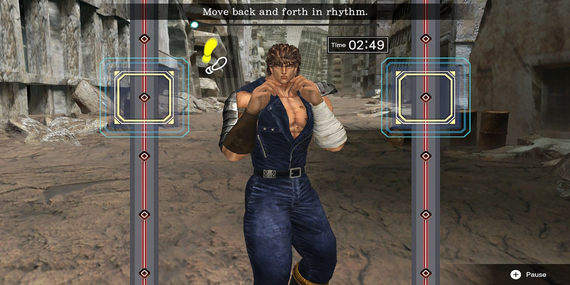 Kenshiro instructs the player to move back and forth in rhythm during an apocalyptic fitness class in Fitness Boxing: Fist Of The North Star.