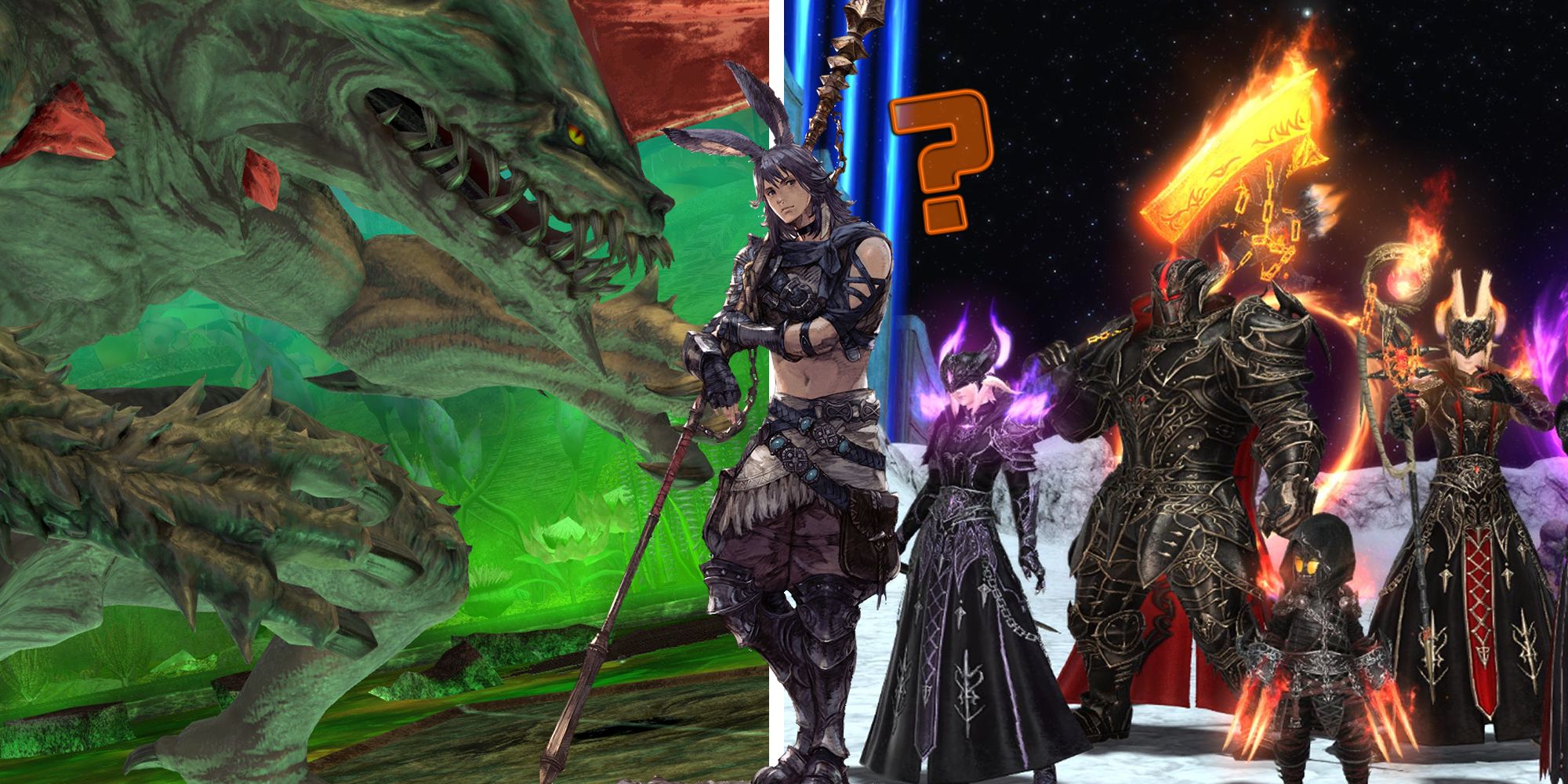 A split image featuring the Proto-Carbuncle raid from Final Fantasy 14, highly-geared raiders in a variety of glowing armour sets, and concept art of the viera male carrying a spear with a question mark next to him, as if he is a beginner raider. 