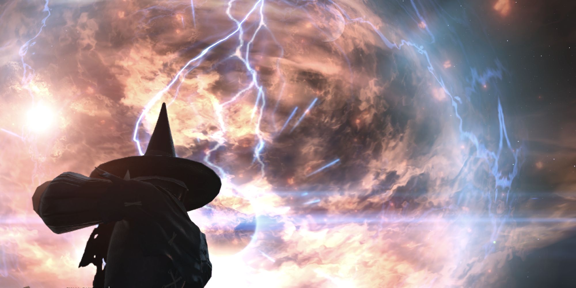 A Black Mage from FF14 stood in front of a Flare he has cast.