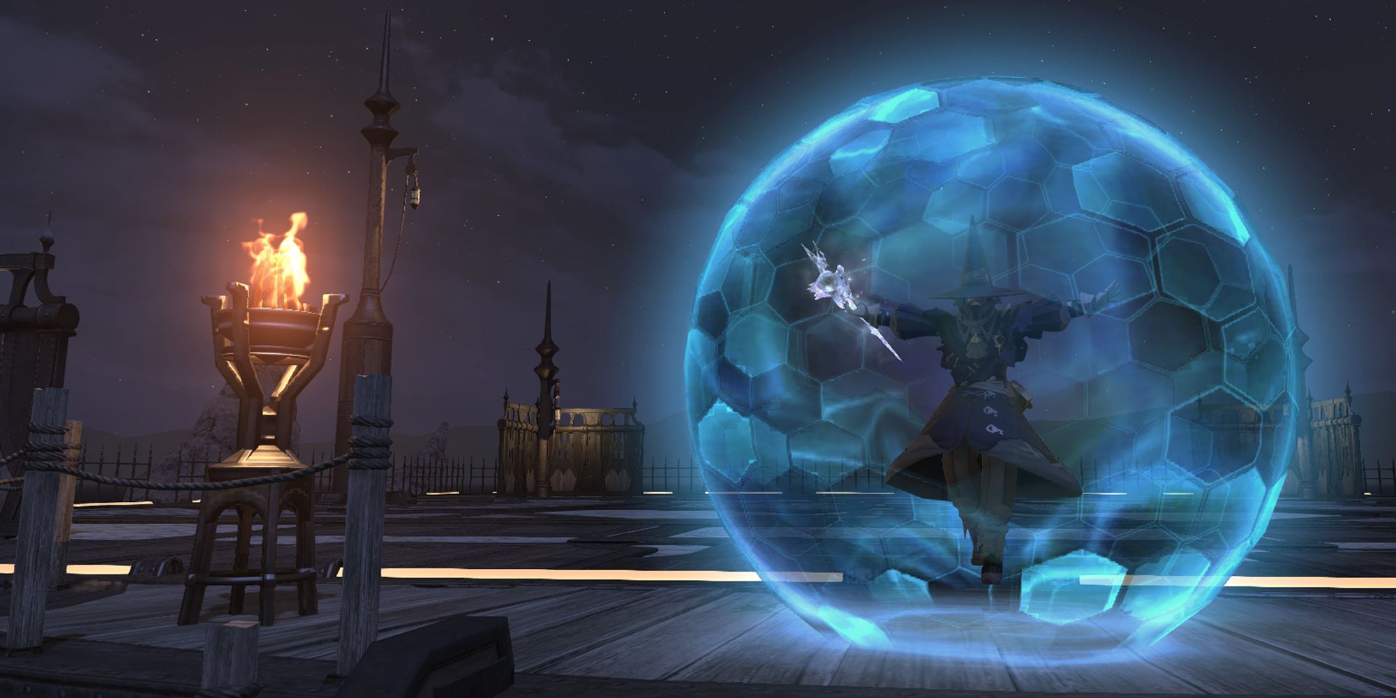 A Black Mage from FF14 using the Common PvP Action, Guard.