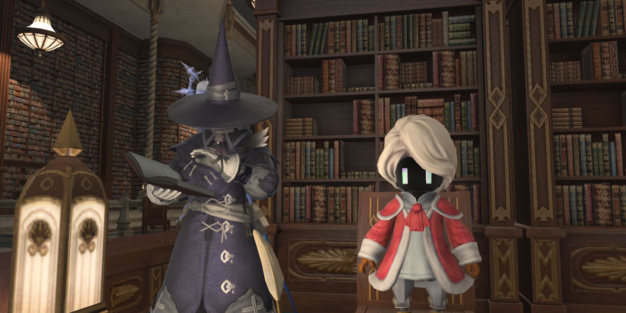 A Black Mage from FF14, pondering battle strategies with a mammet in a library.