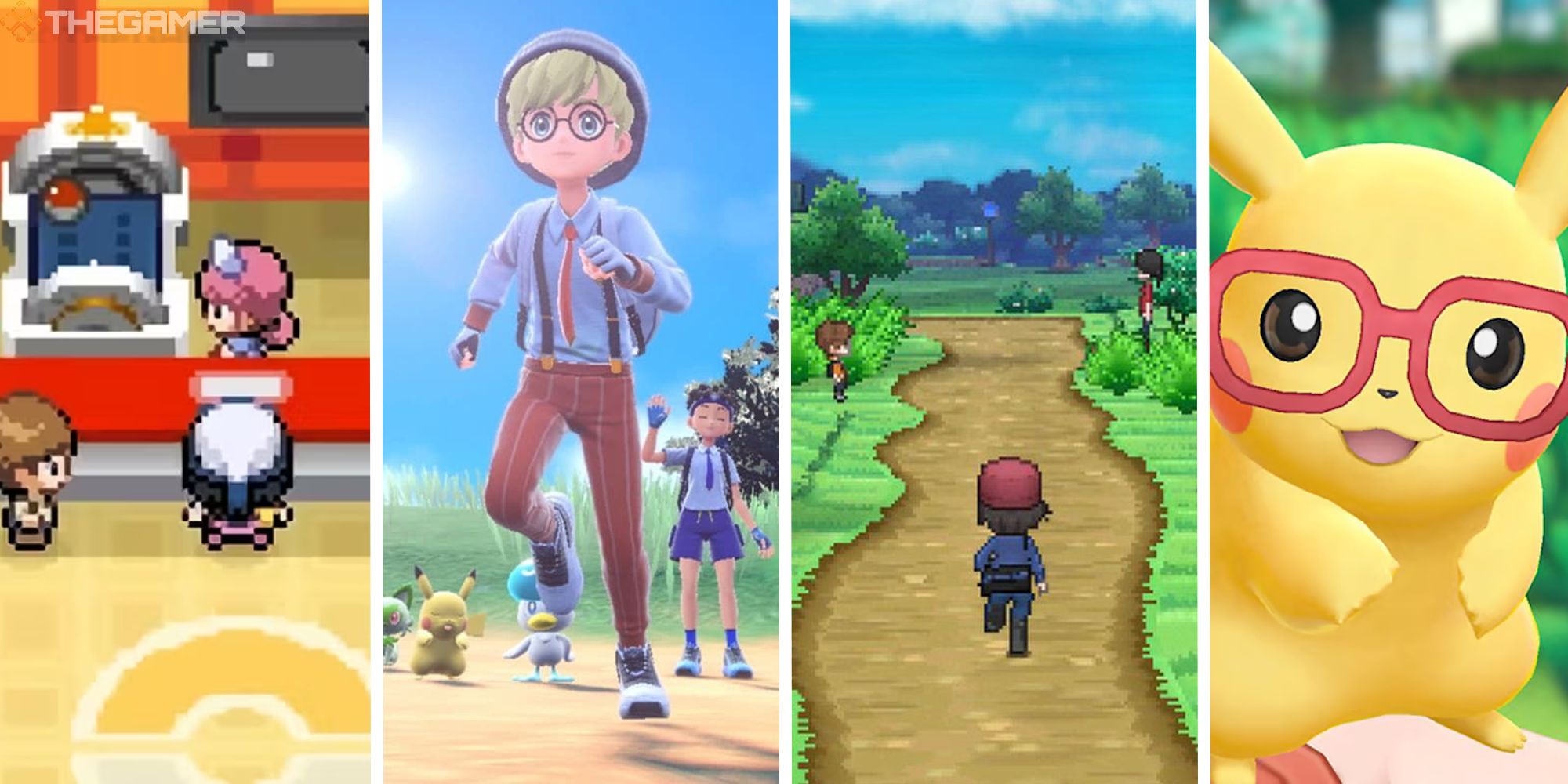 split image showing diamond and pearl, scarlet and violet, x & y, and let's go pikachu
