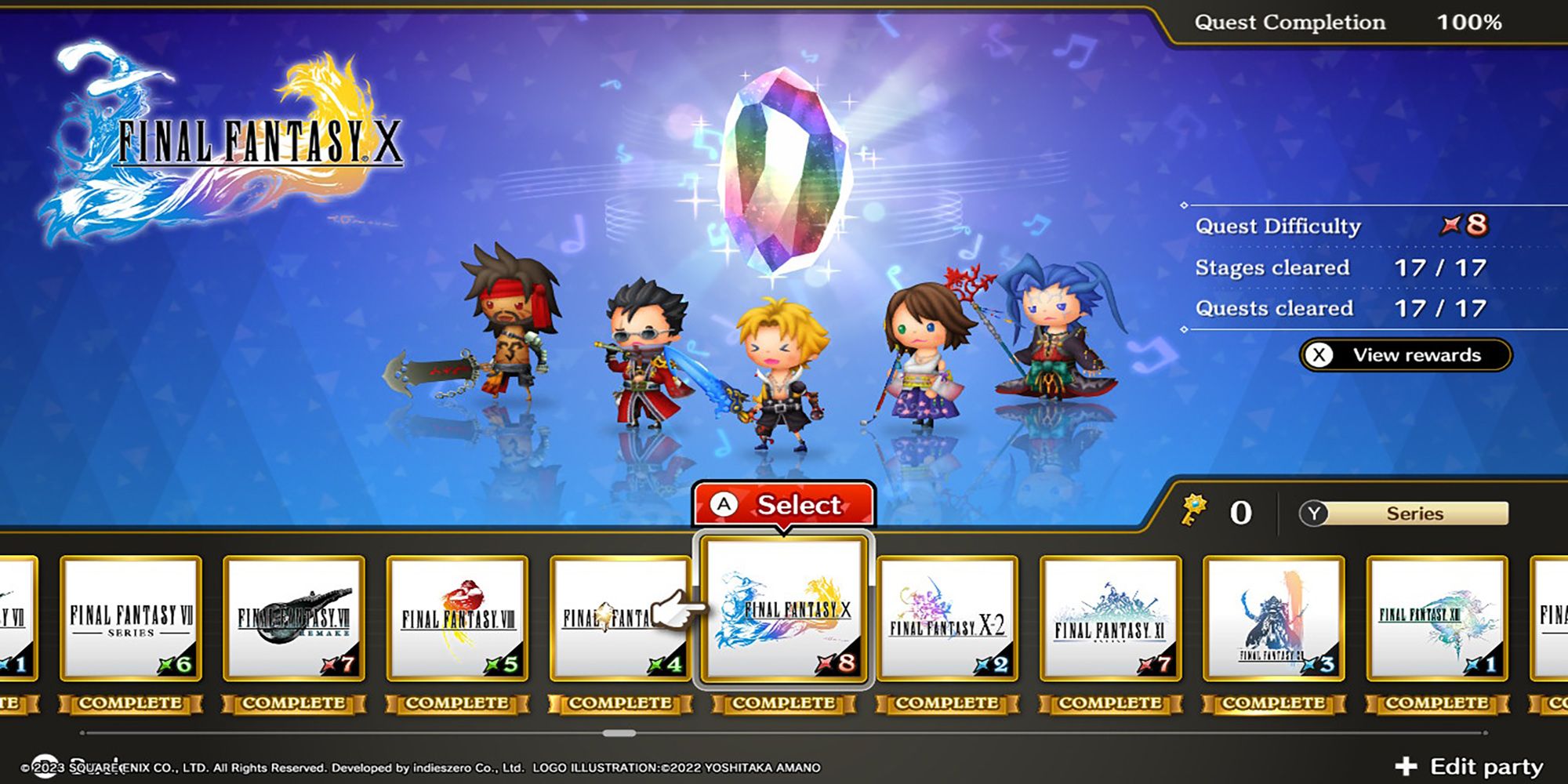 Jecht, Auron, Tidus, Yuna, and Seymour stand below a glowing Rhythmia crystal in Theatrhythm: Final Bar Line's Series Title Select Screen.