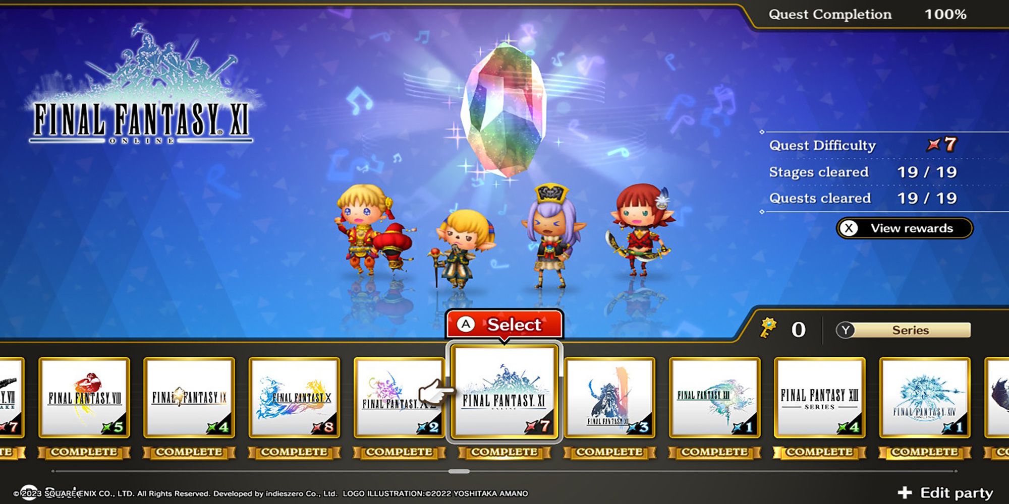 Aphmau, Shantotto, Prishe, and Lilisette stand below a glowing Rhythmia crystal in Theatrhythm: Final Bar Line's Series Title Select Screen.