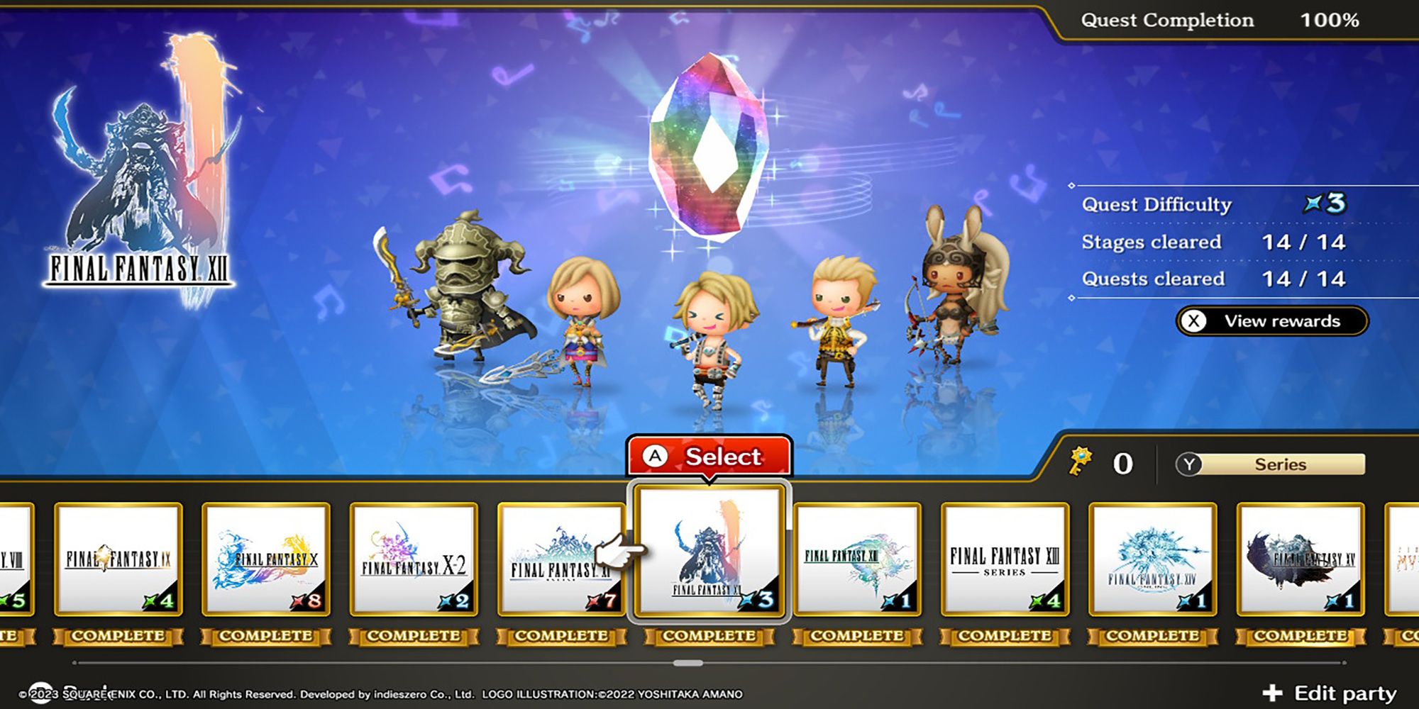 Gabranth, Ashe, Vaan, Balthier, and Fran stand below a glowing Rhythmia crystal in Theatrhythm: Final Bar Line's Series Title Select Screen.