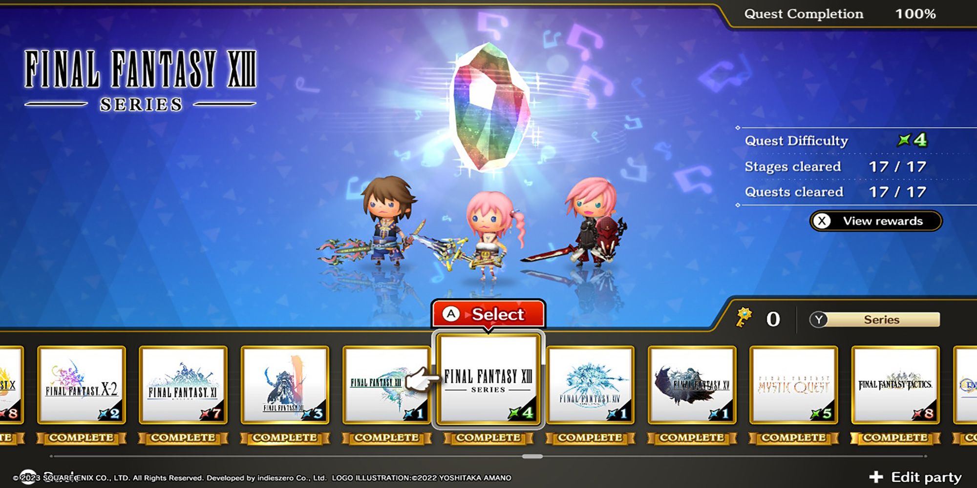 Noel, Serah, and Lightning #2 stand below a glowing Rhythmia crystal in Theatrhythm: Final Bar Line's Series Title Select Screen.
