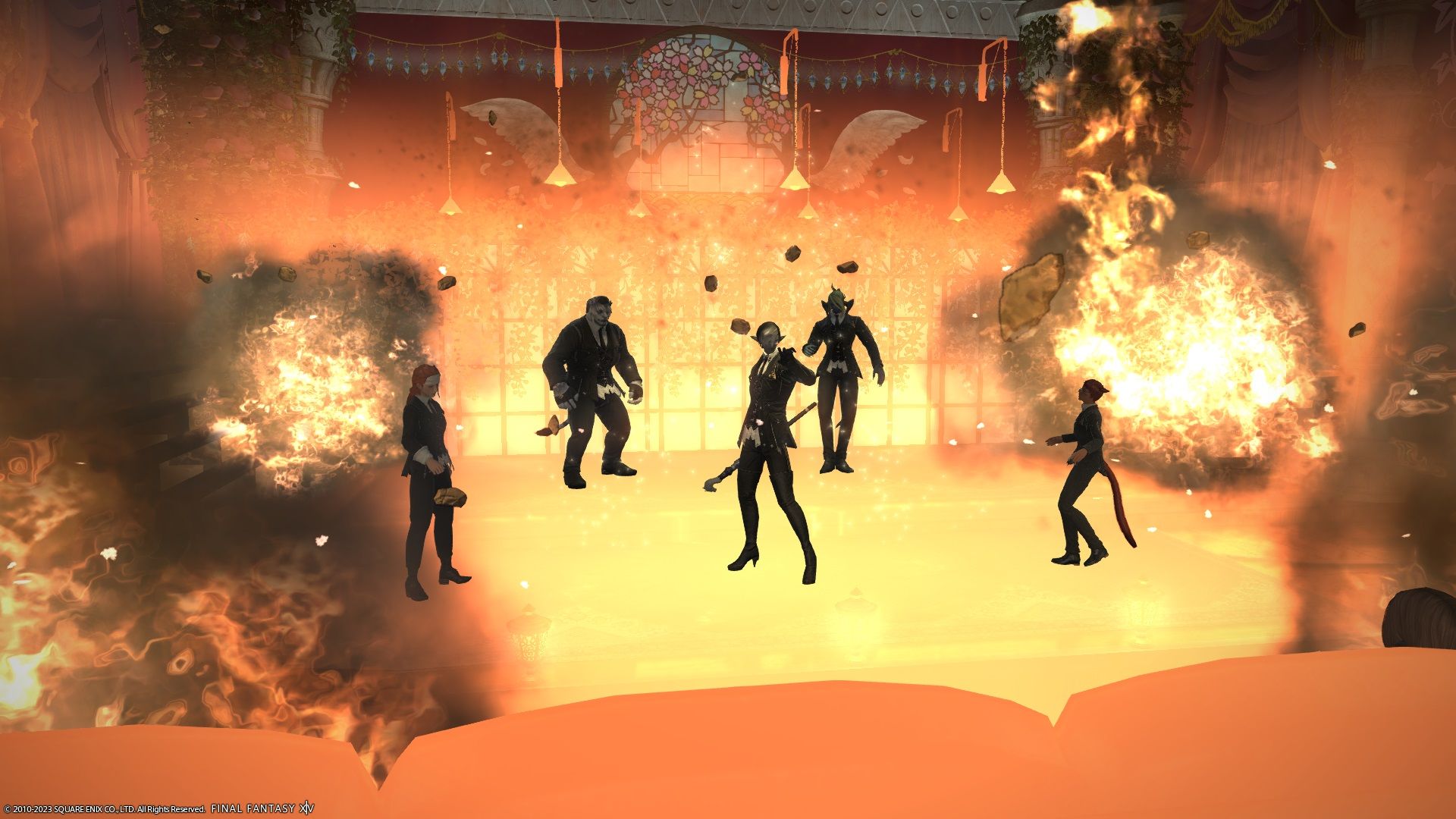 Final Fantasy 14 - Esprit's Junior Dancers Showcase with explosive effects.