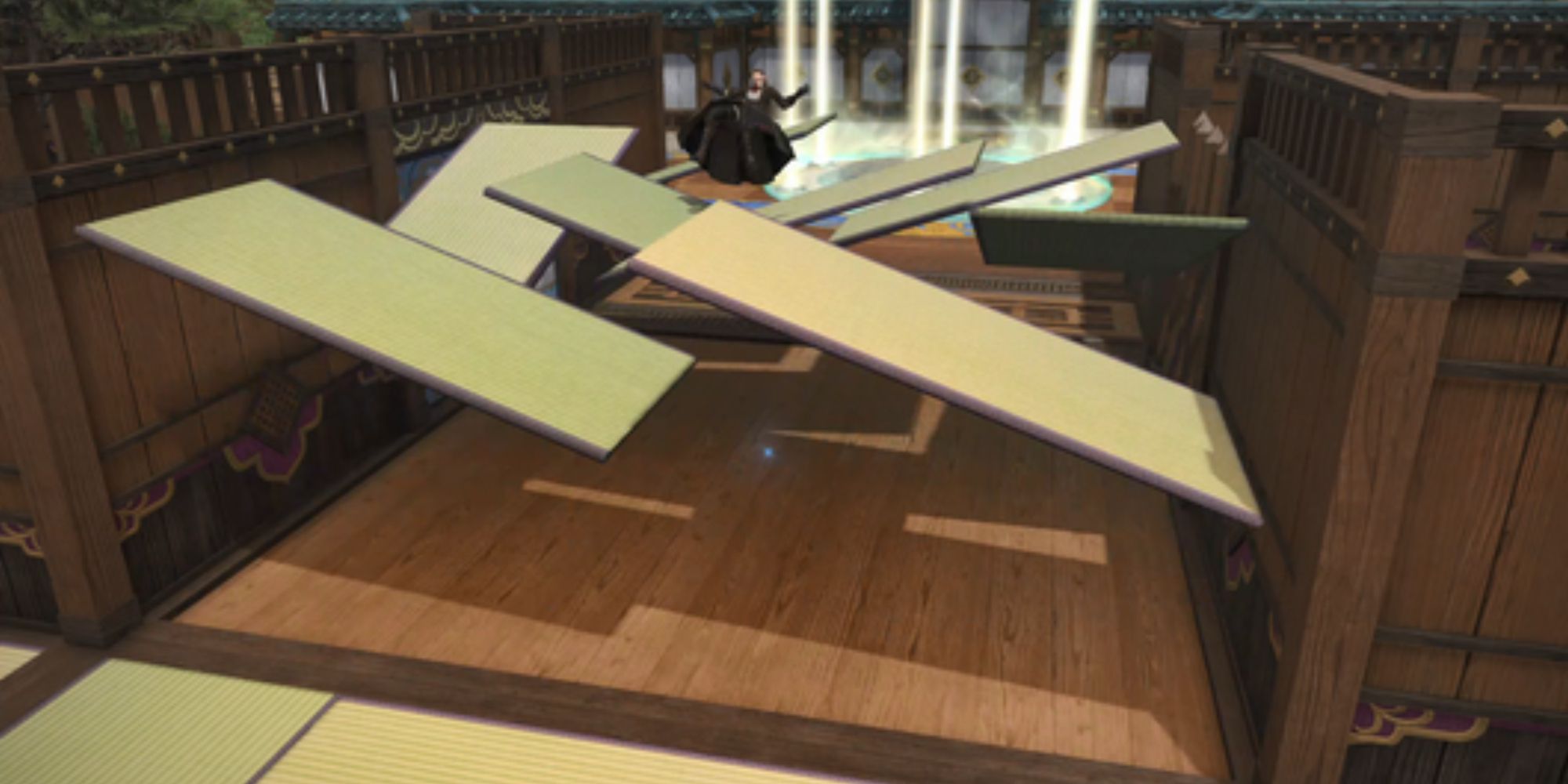 A look at a player getting flung into the air by the Tatami Mat Trick Floors in The Clockwork Castletown PvP Map for Crystalline Conflict in Final Fantasy 14