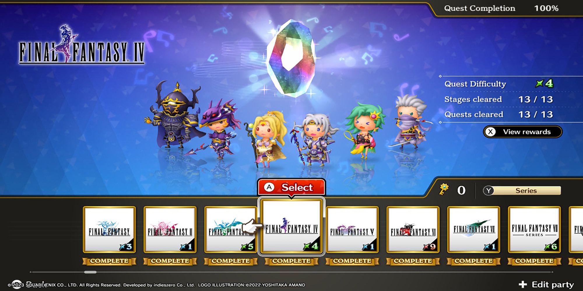 Golbez, Kain, Rosa, Cecil, Rydia, and Edge stand below a glowing Rhythmia crystal in Theatrhythm: Final Bar Line's Series Title Select Screen.