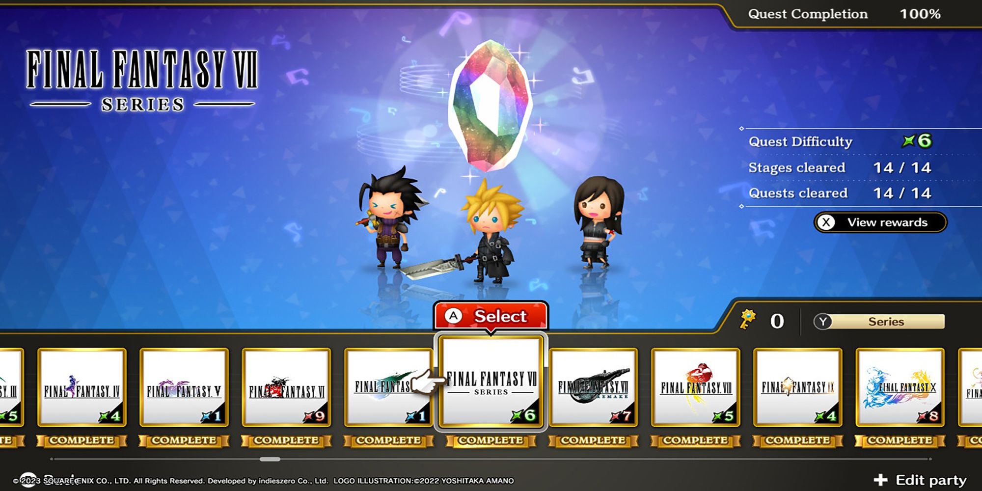 Zack, Cloud #2, and Tifa #2 stand below a glowing Rhythmia crystal in Theatrhythm: Final Bar Line's Series Title Select Screen.