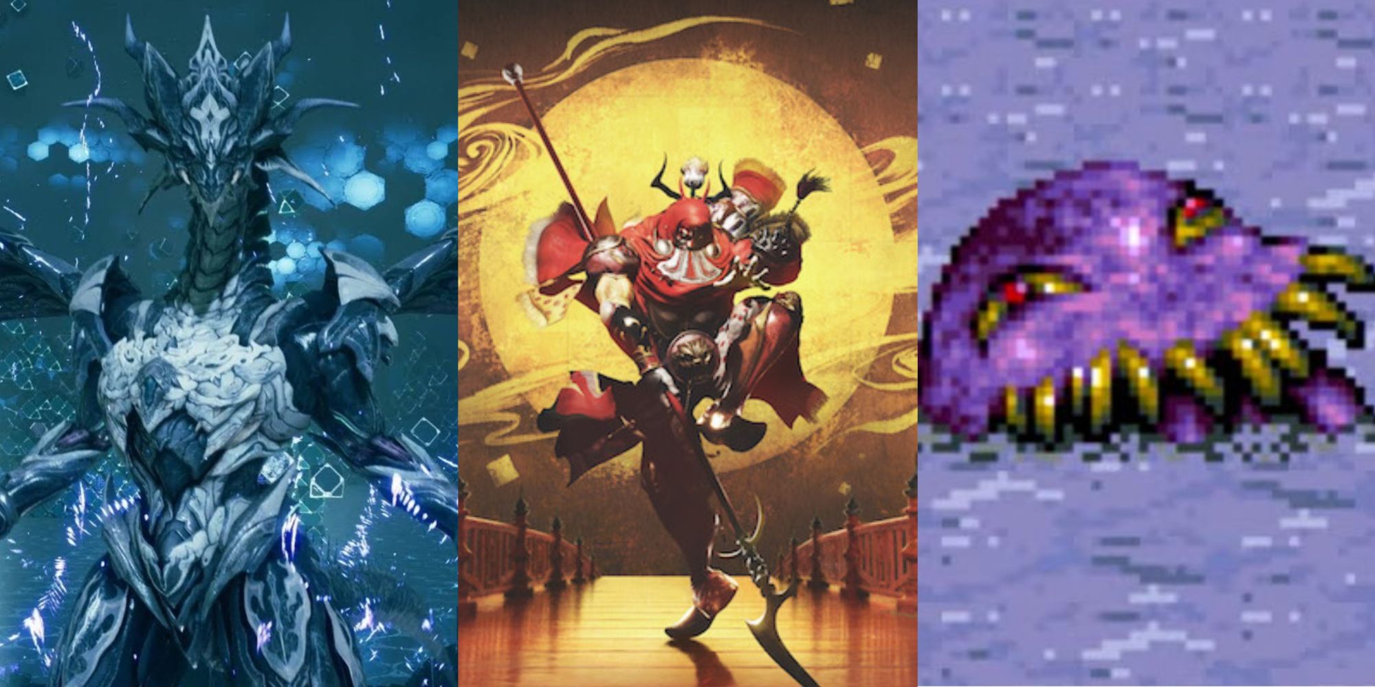 Bahamut in Final Fantasy 7 Remake, Gilgamesh artwork for Stranger of Paradise, and Ultros in water, left to right