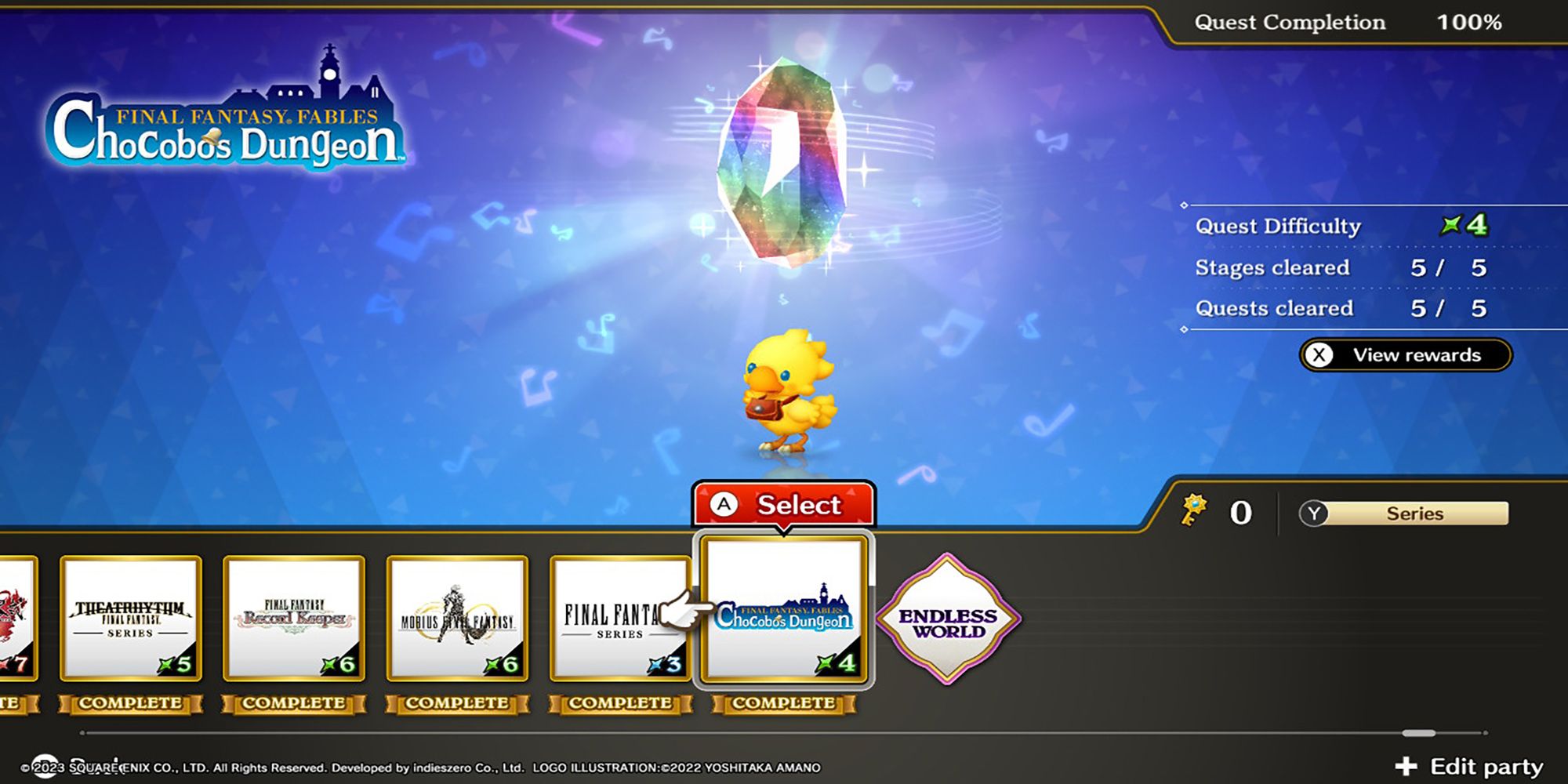 Chocobo stands below a glowing Rhythmia crystal in Theatrhythm: Final Bar Line's Series Title Select Screen.