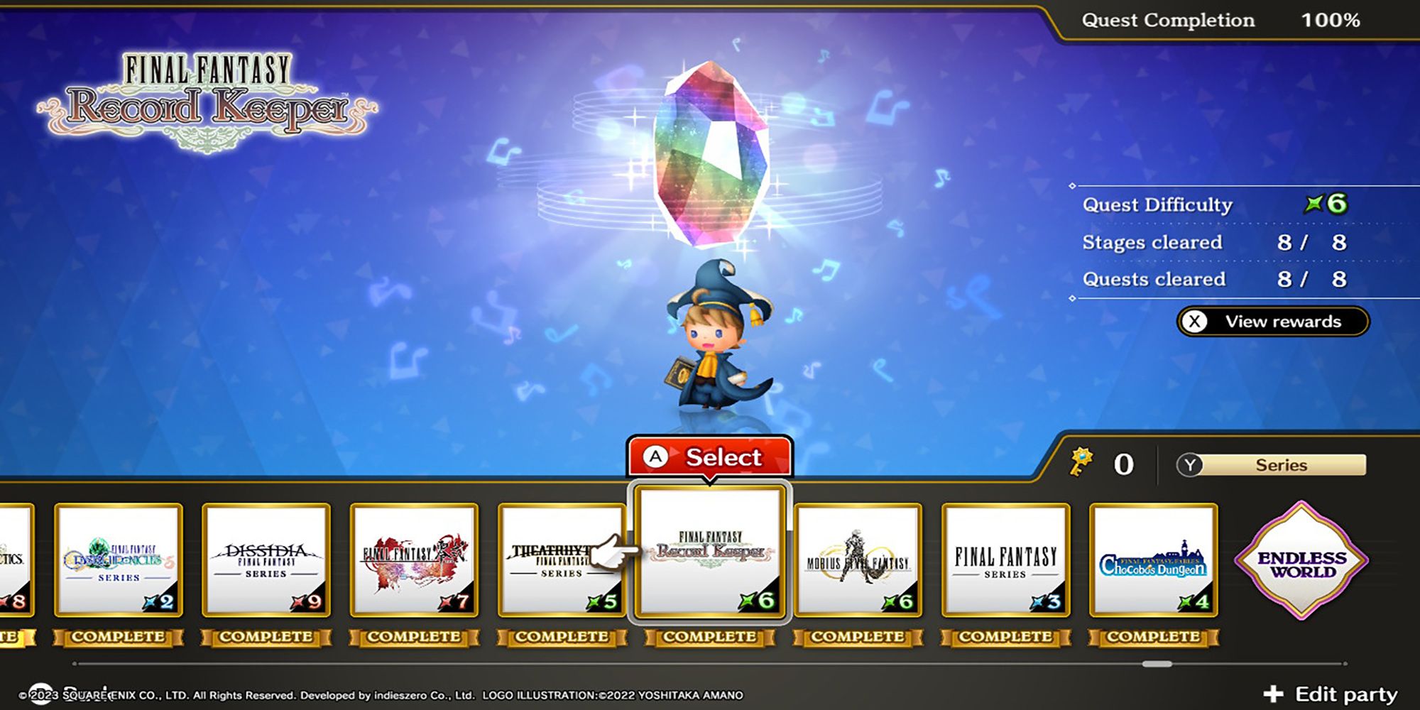 Tyro stands below a glowing Rhythmia crystal in Theatrhythm: Final Bar Line's Series Title Select Screen.