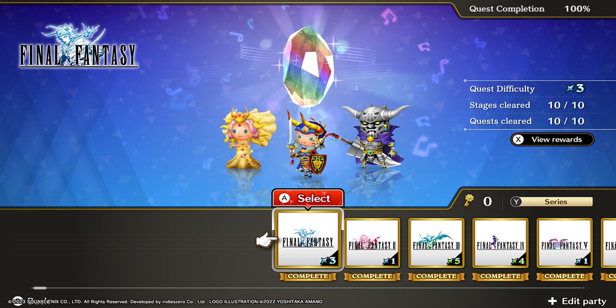 Princess Sarah, Warrior of Light, and Garland stand below a glowing Rhythmia crystal in Theatrhythm: Final Bar Line's Series Title Select Screen.