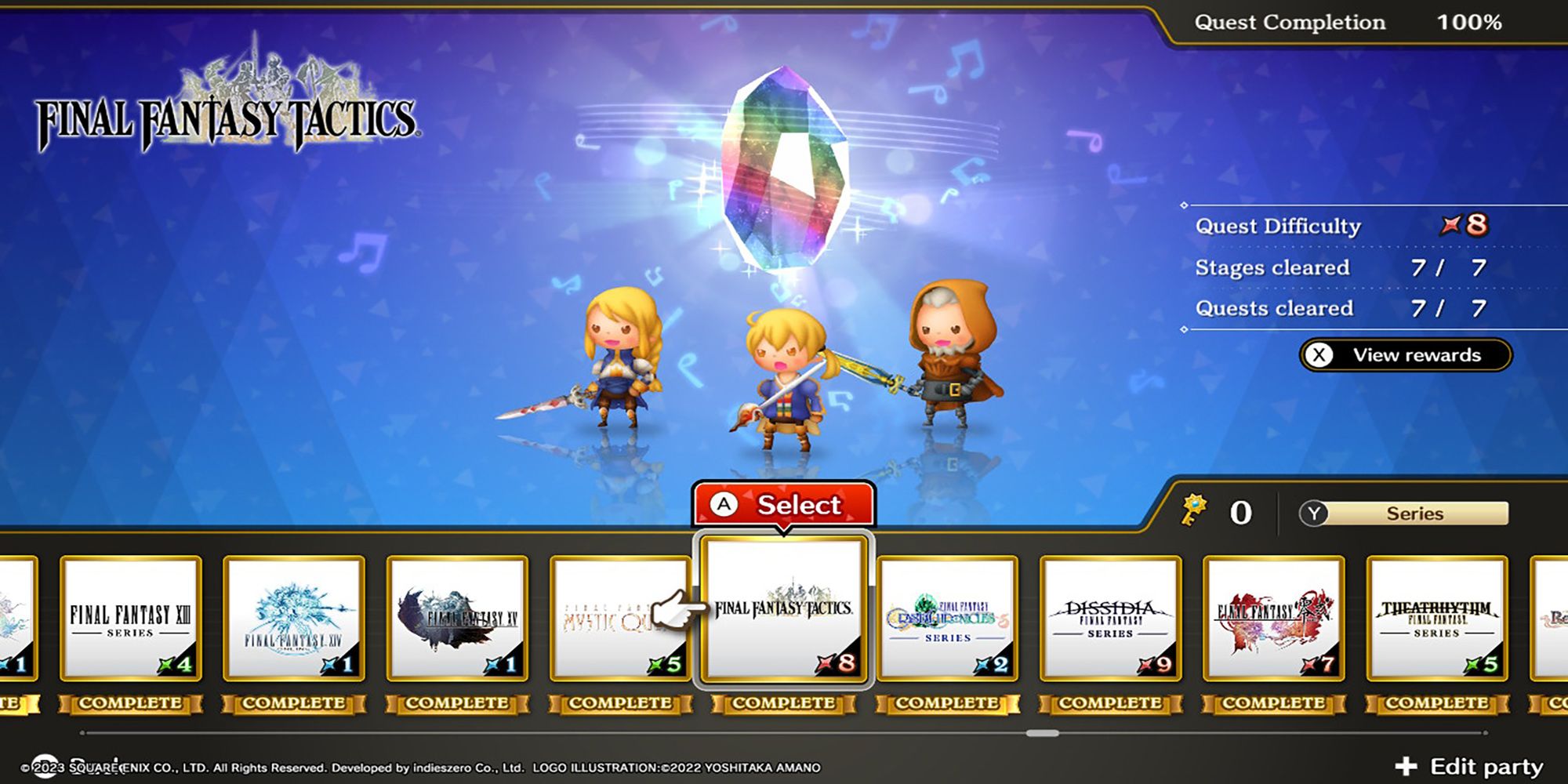 Agrias, Ramza, and Orlandeau stand below a glowing Rhythmia crystal in Theatrhythm: Final Bar Line's Series Title Select Screen.